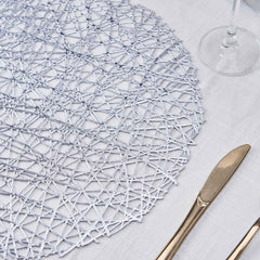 6-Pack Vinyl Placemats Silver Woven Design - Durable Non-Slip Round Table Mats for Dining 15"