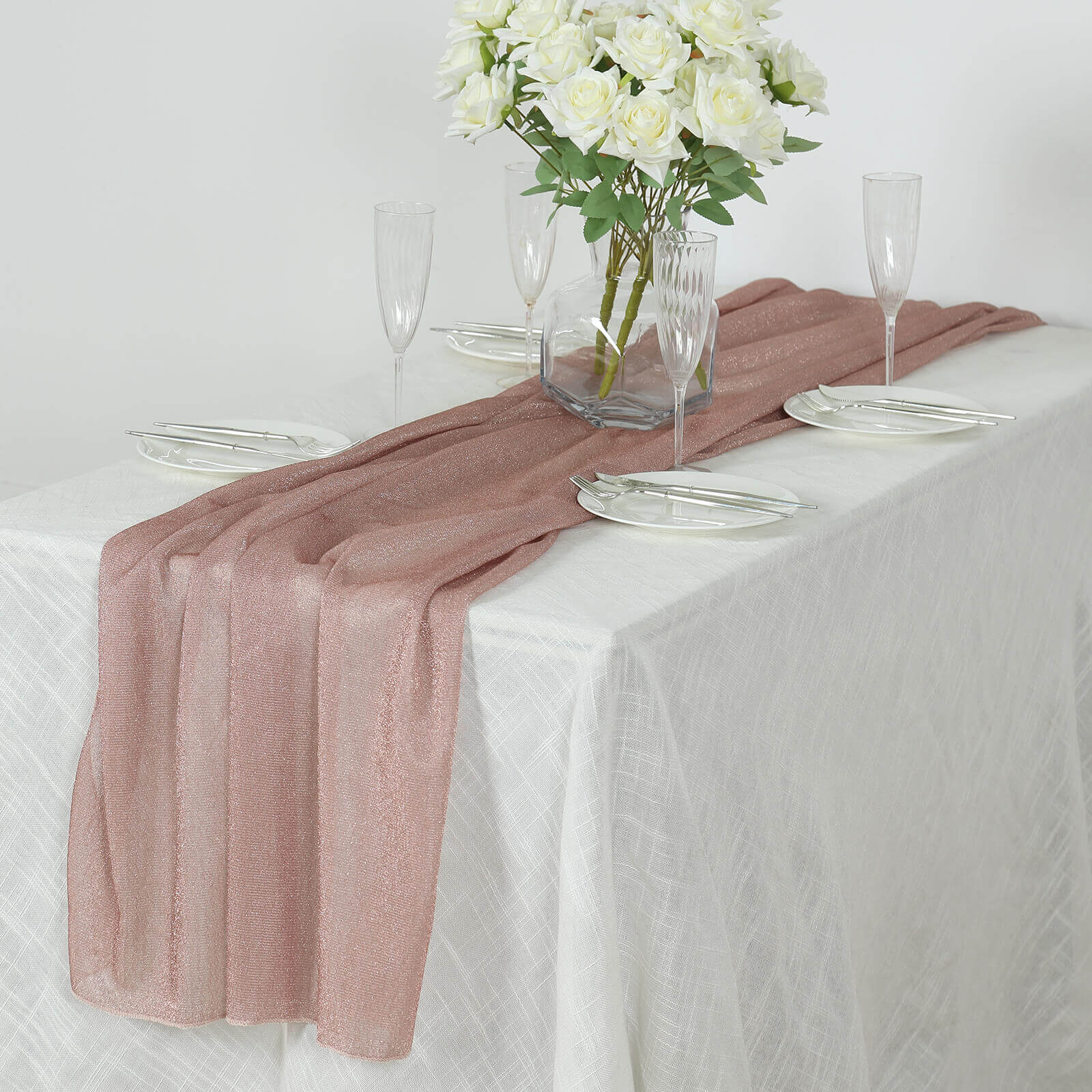 Glitter Gauze 27"x120" Table Runner Rose Gold - Sparkling Reusable Sheer Table Linen