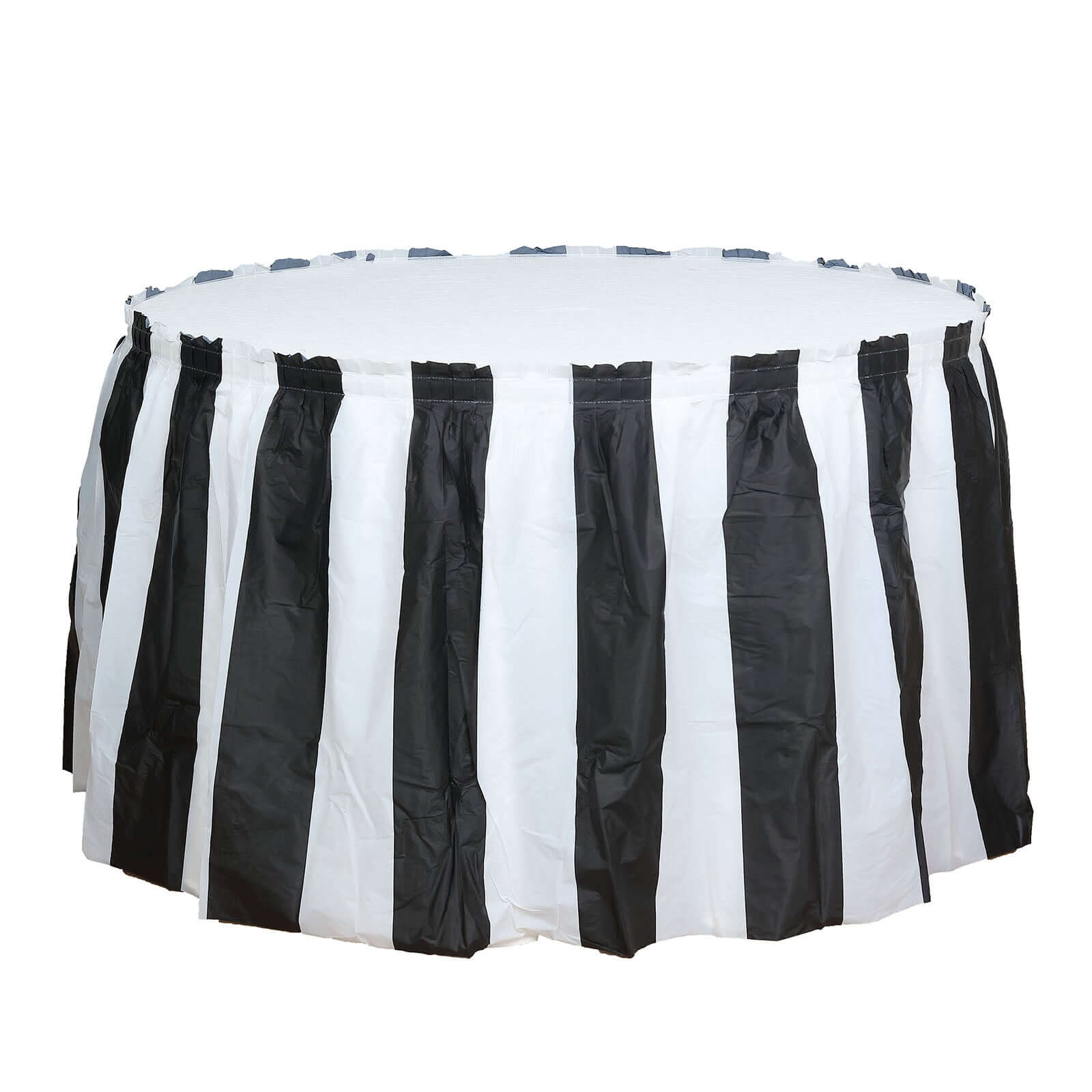 Plastic Table Skirt White/Black Stripe - Reliable Disposable Skirt for Parties 14ft 10 Mil