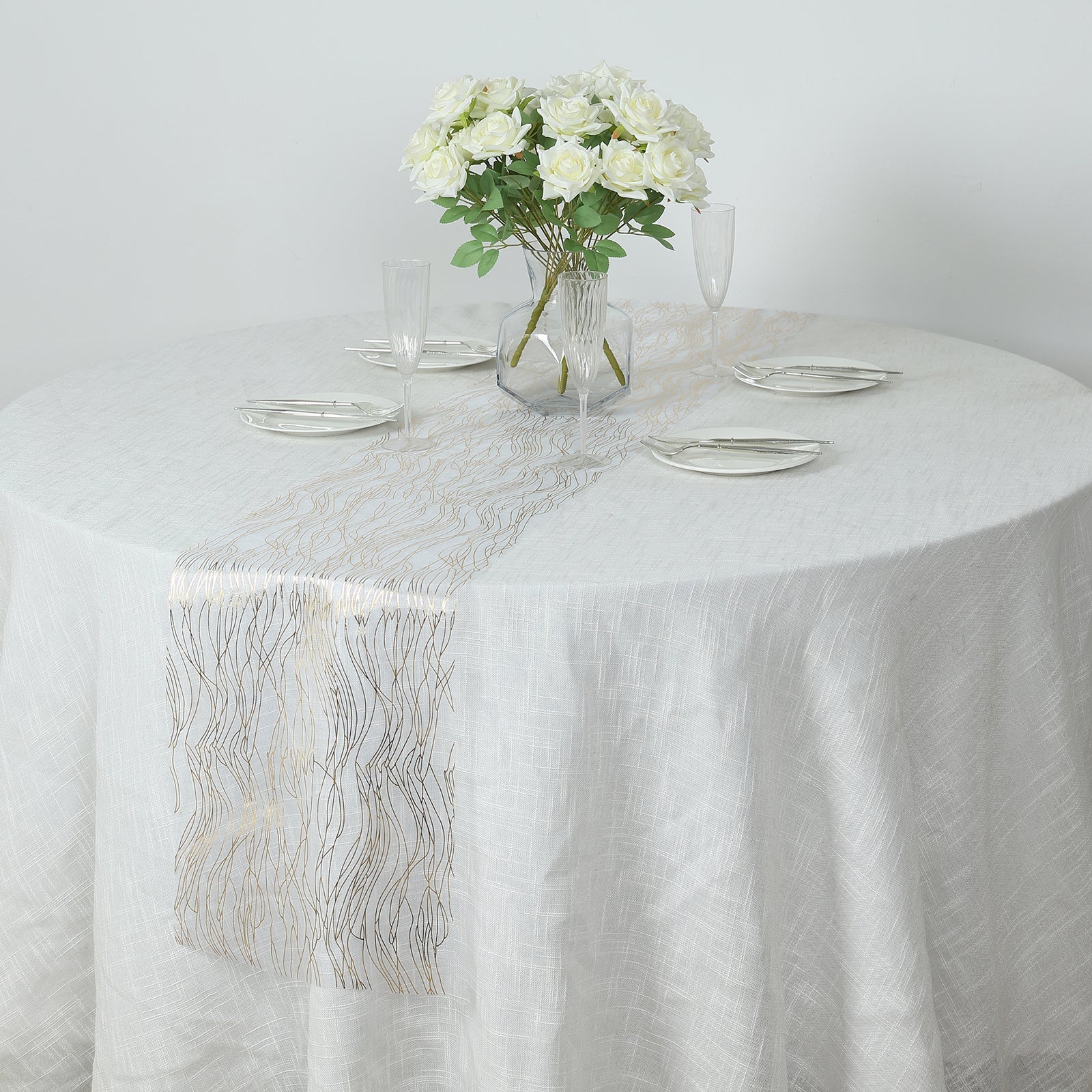 5 Pack Organza 12"x108" Table Runners White with Gold Foil Wave Design - Disposable Stylish Event Decoration
