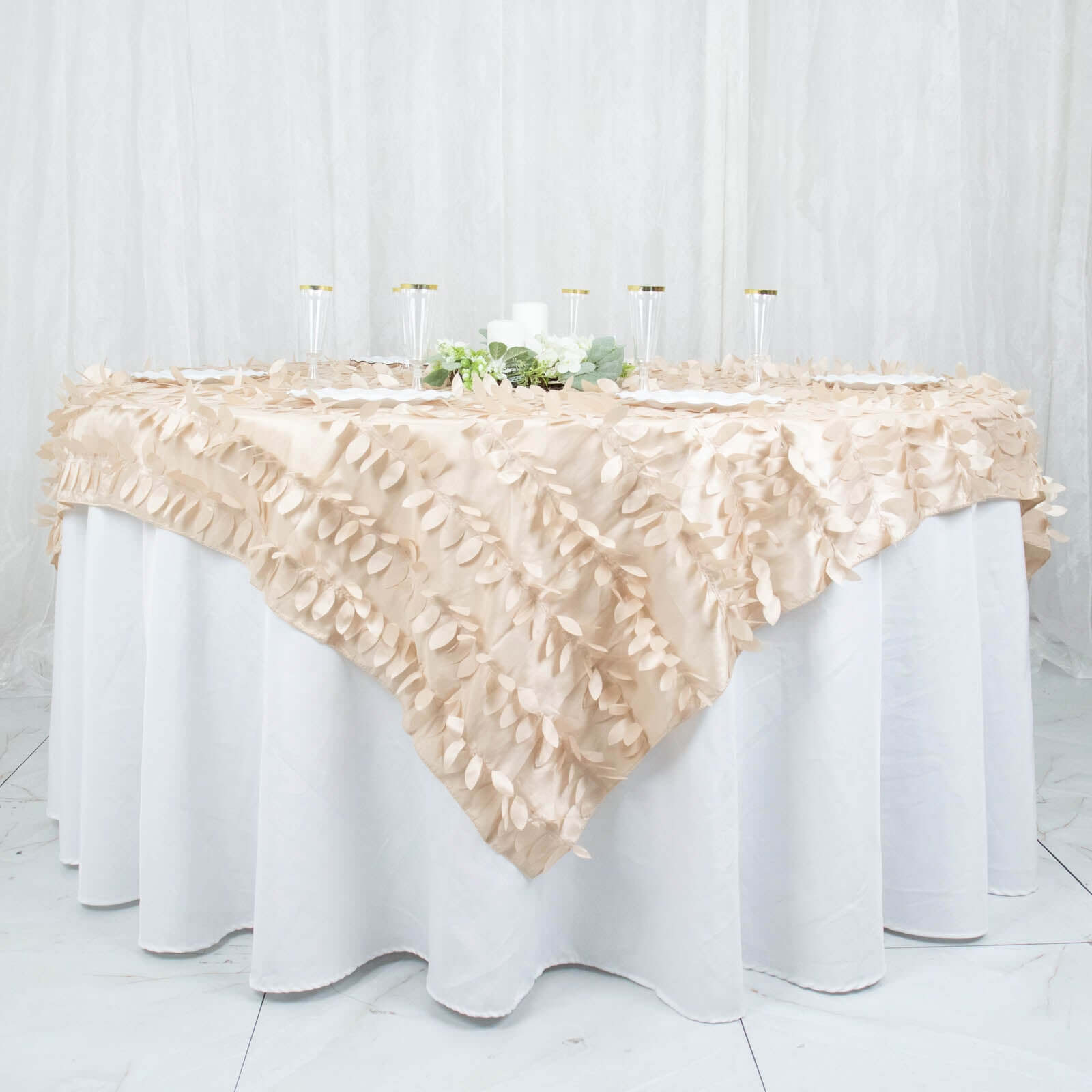 Taffeta 72"x72" Table Overlay Square Tablecloth Beige - 3D Leaf Petal Table Cover
