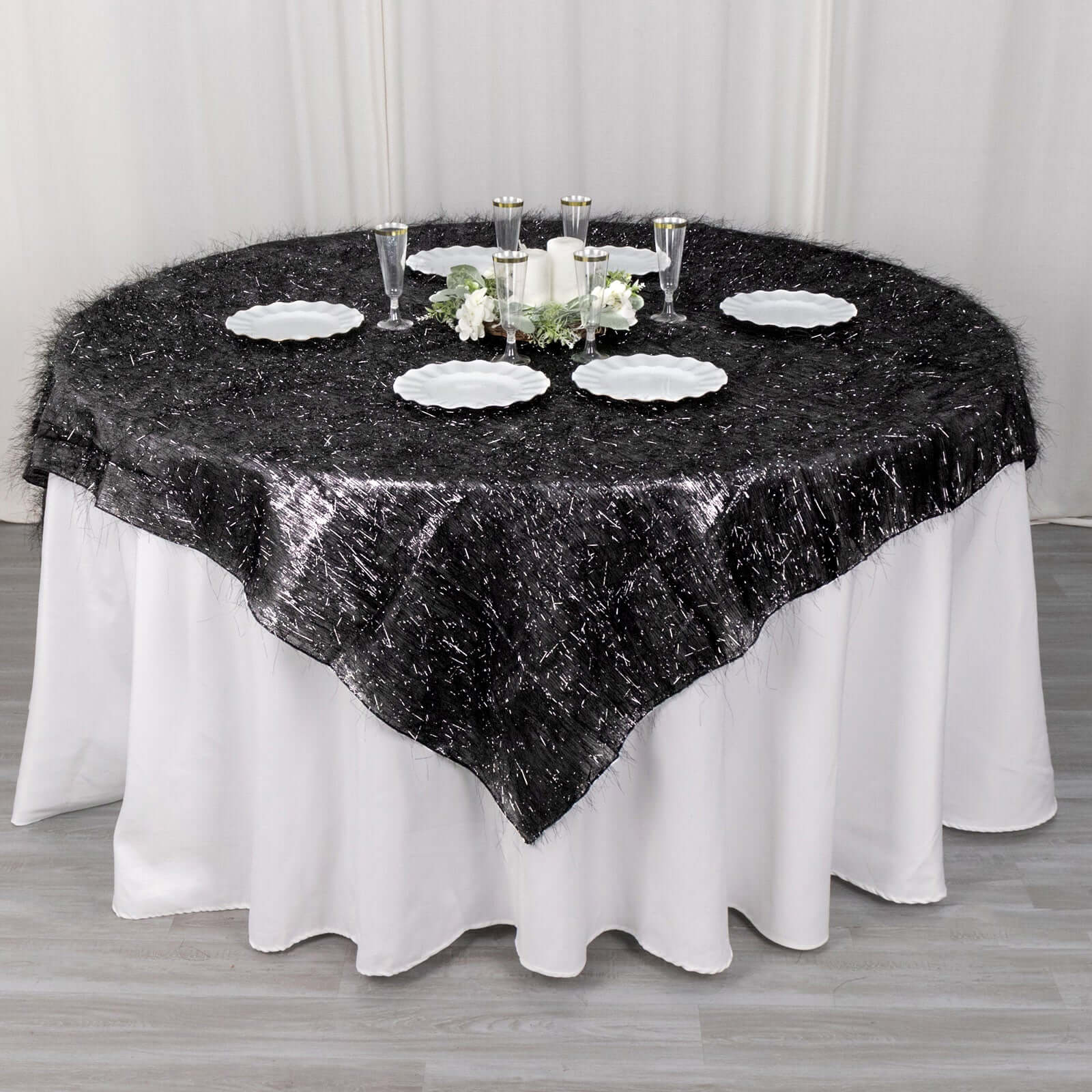 Polyester 72"x72" Table Overlay Square Tablecloth Black - Metallic Fringe Shag Tinsel Table Cover