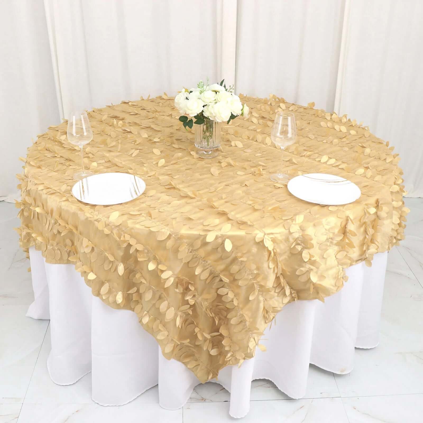 Taffeta 90"x90" Table Overlay Square Tablecloth Champagne - Leaf Petal Design for Stylish Celebrations