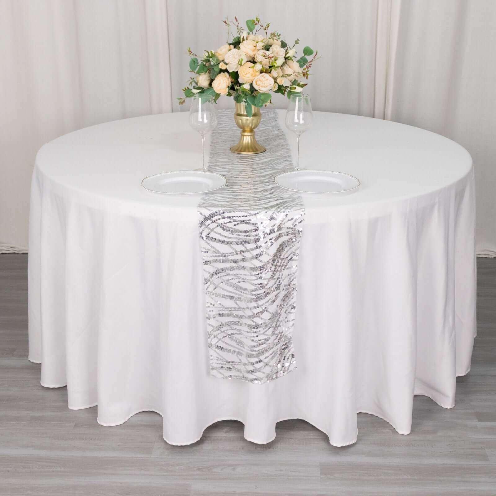Sequin Mesh 12"x108" Table Runner Silver Stylish Wave Embroidery