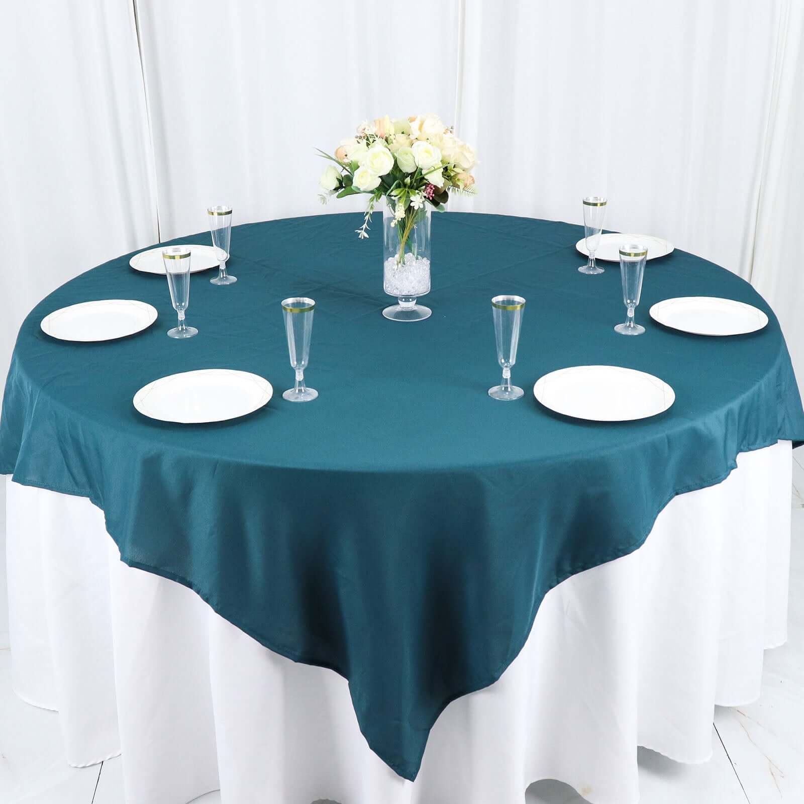 Polyester 70"x70" Table Overlay Square Tablecloth Peacock Teal - Wrinkle-Resistant & Durable Table Cover