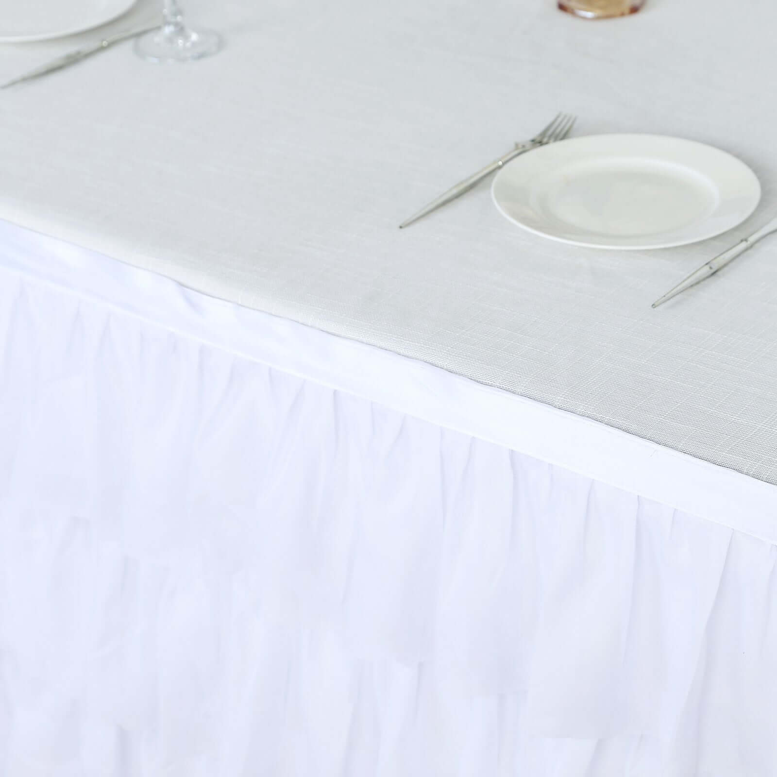 Chiffon 14ft Table Skirt White - 5-Tier Ombre Ruffled Tutu Table Cover with Satin Backing for Sophisticated Events