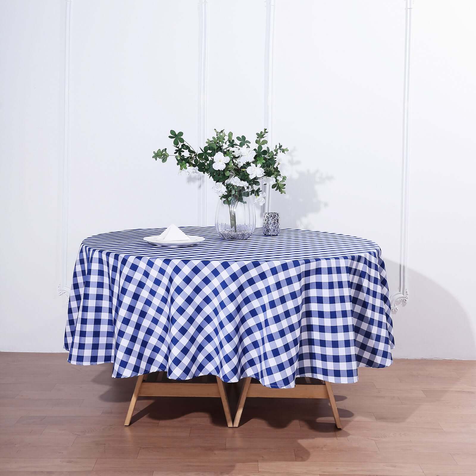 Polyester 90" Round Tablecloth White/Navy Blue - Checkered Buffalo Plaid Table Cover