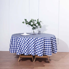 Polyester 90" Round Tablecloth White/Navy Blue - Checkered Buffalo Plaid Table Cover