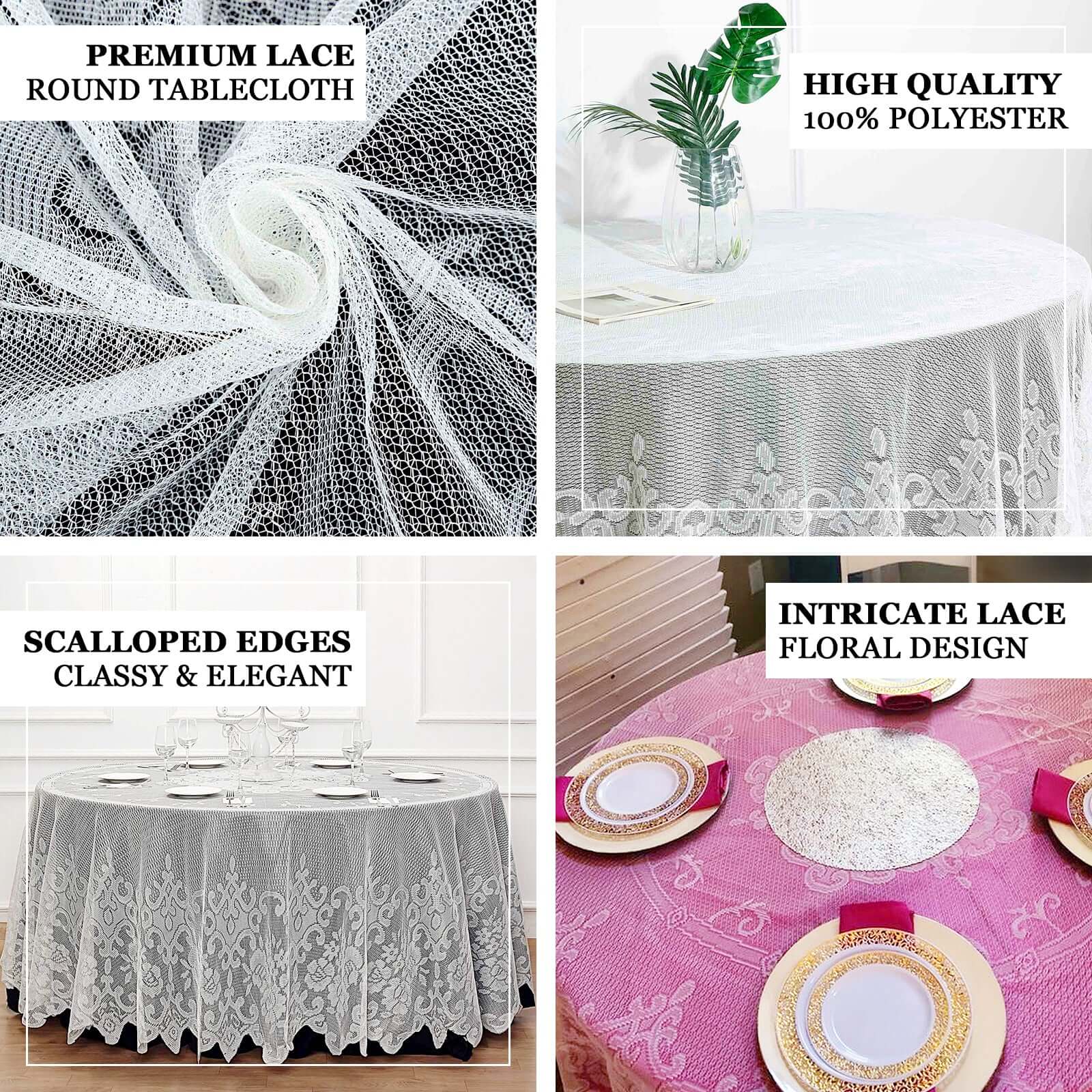 Lace 108" Round Tablecloth White - Premium Design for Formal Table Settings