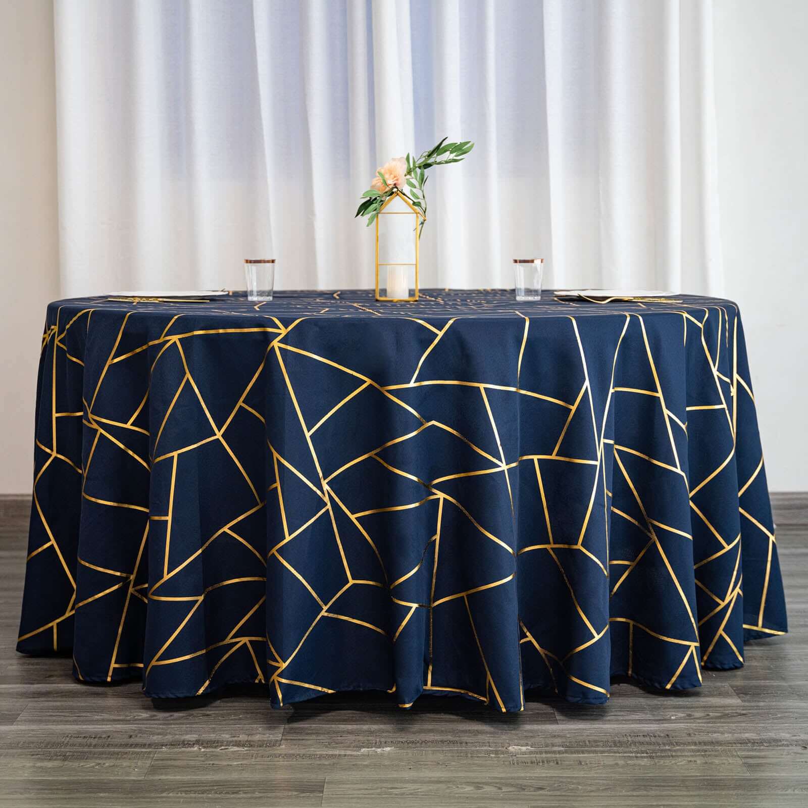 Polyester 120" Round Tablecloth Navy Blue with Gold Foil Geometric Pattern Wrinkle-Resistant Seamless Table Cover