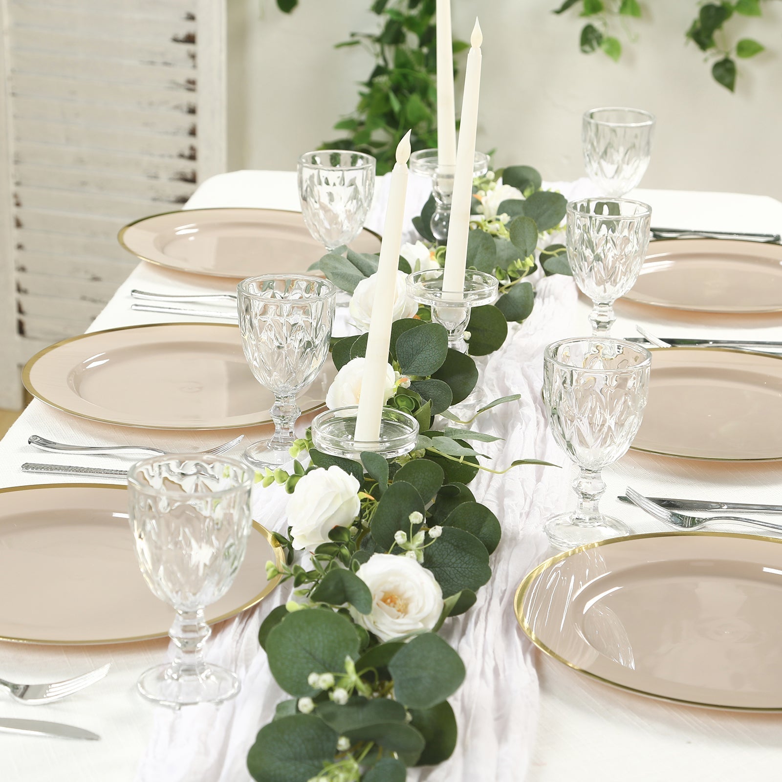 10 Pack Taupe Economy Plastic Charger Plates With Gold Rim, 12" Round Dinner Chargers Event Tabletop Decor