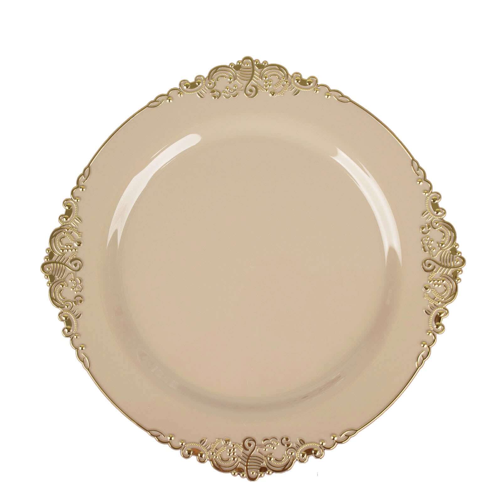 10-Pack Plastic 10" Round Dinner Plates in Taupe with Gold Leaf Embossed Rim - Disposable Vintage Baroque Style Plates