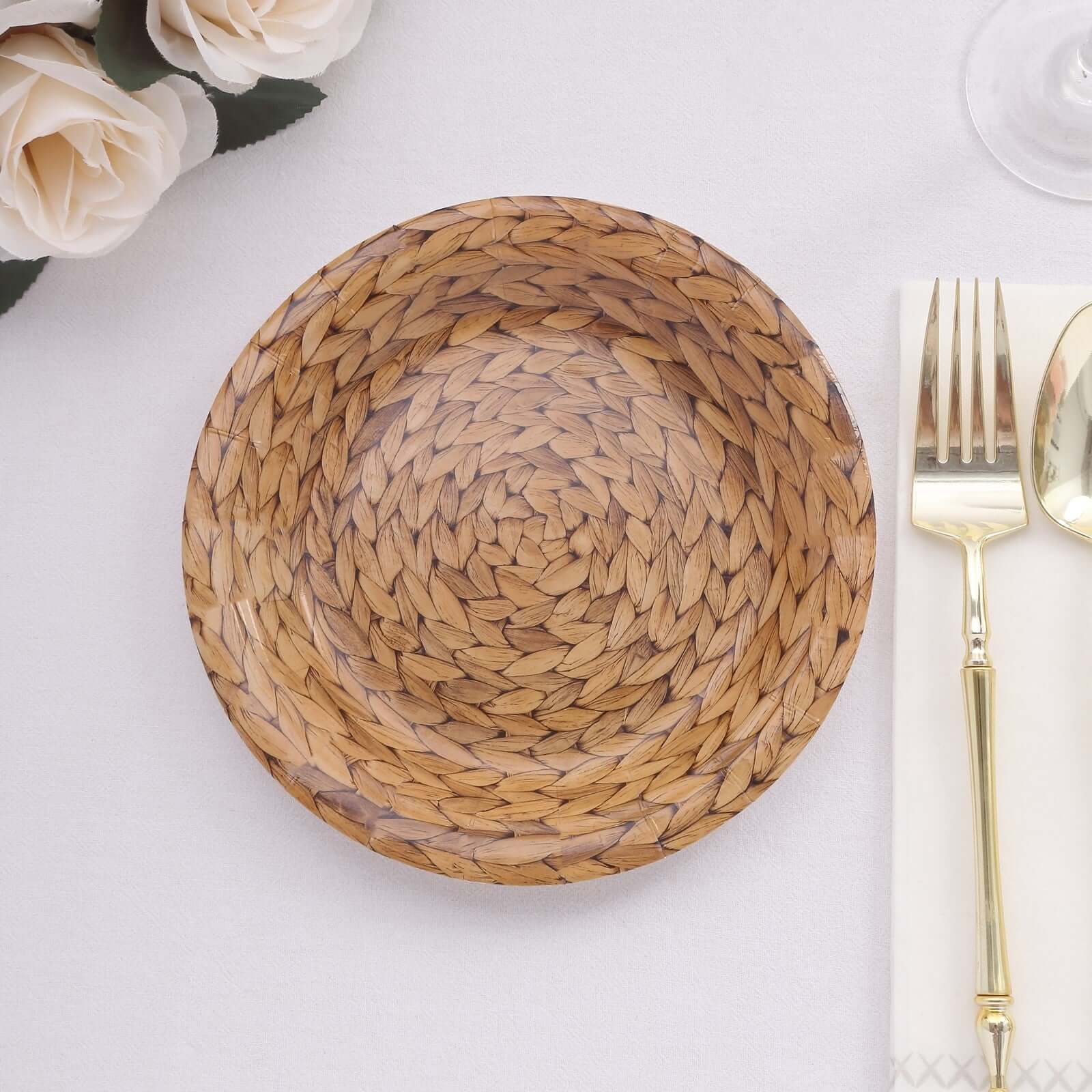 25-Pack Paper 7" Round Dessert Plates in Natural with Woven Rattan Print - Rustic Farmhouse Disposable 300GSM Appetizer Salad Plates for Indoor & Outdoor Gatherings