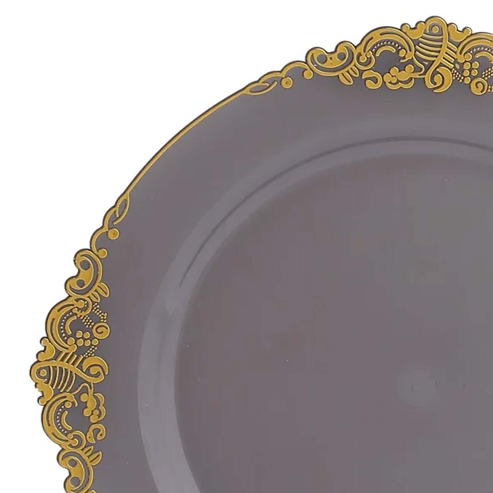 10-Pack Plastic 10" Round Dinner Plates in Transparent Black with Gold Leaf Embossed Rim - Disposable Vintage Baroque Style Plates