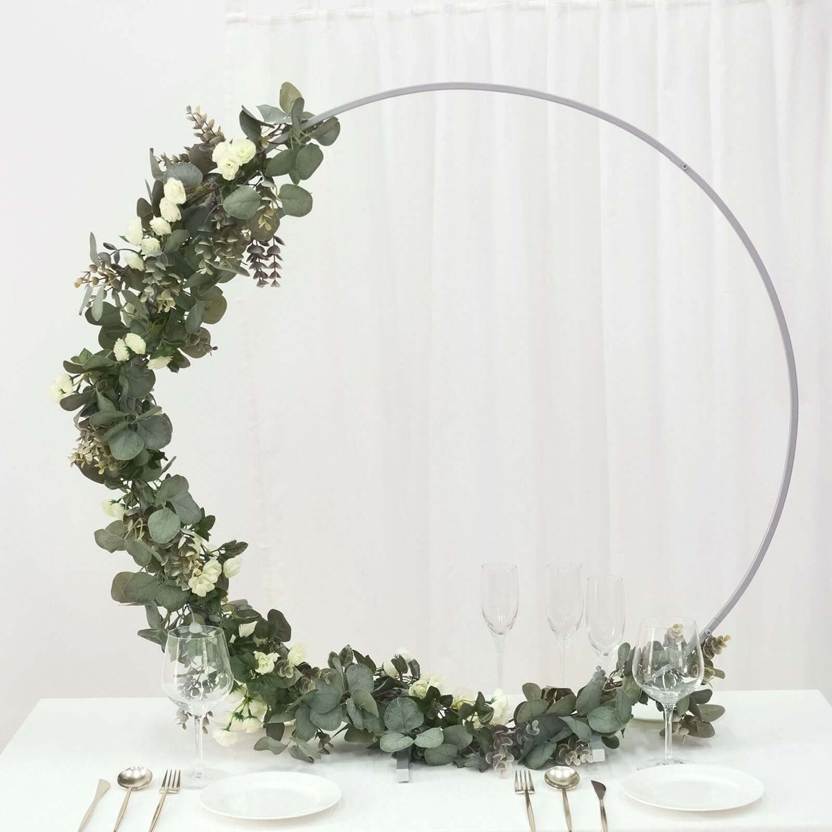 Round Wedding Hoop Table Centerpiece Metal Silver - Self-Standing Floral Wreath Frame for Events 36"