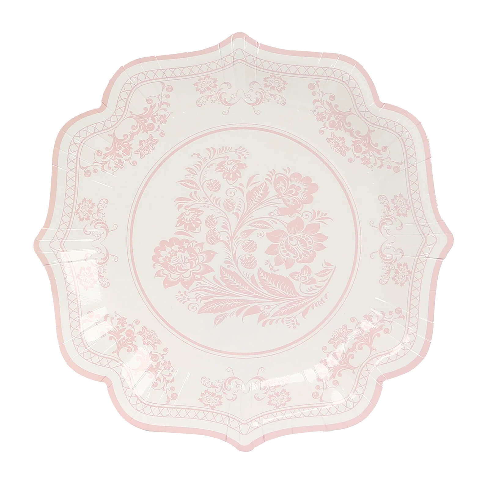 25-Pack Paper Dinner Plates in White Pink Damask Floral Pattern & Scallop Rim - Stylish Disposable 300GSM Floral Party Plates 10"