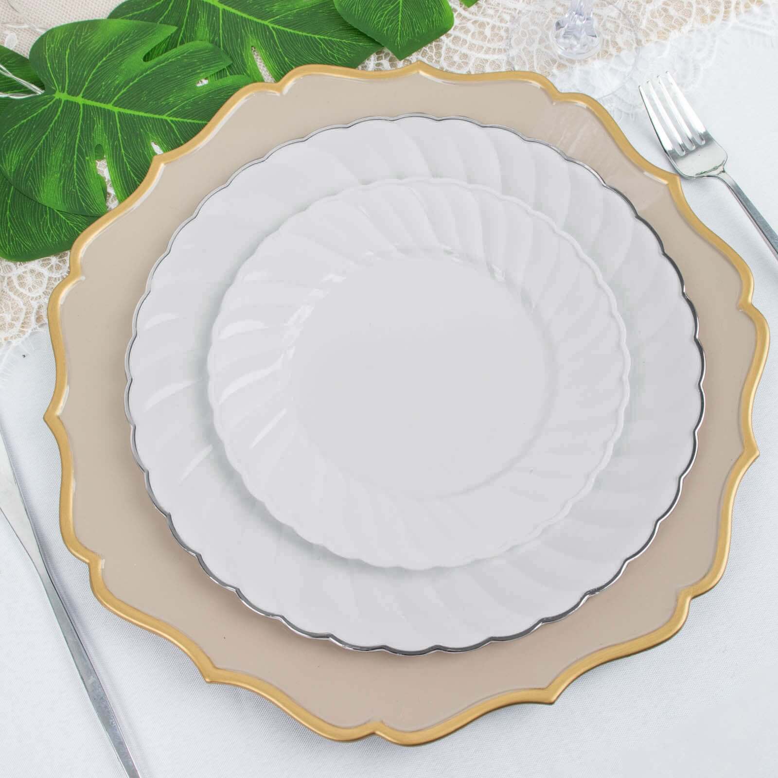 12-Pack Plastic Dessert Plates White Flair Rim - Sturdy Disposable Salad Plates 7.5"