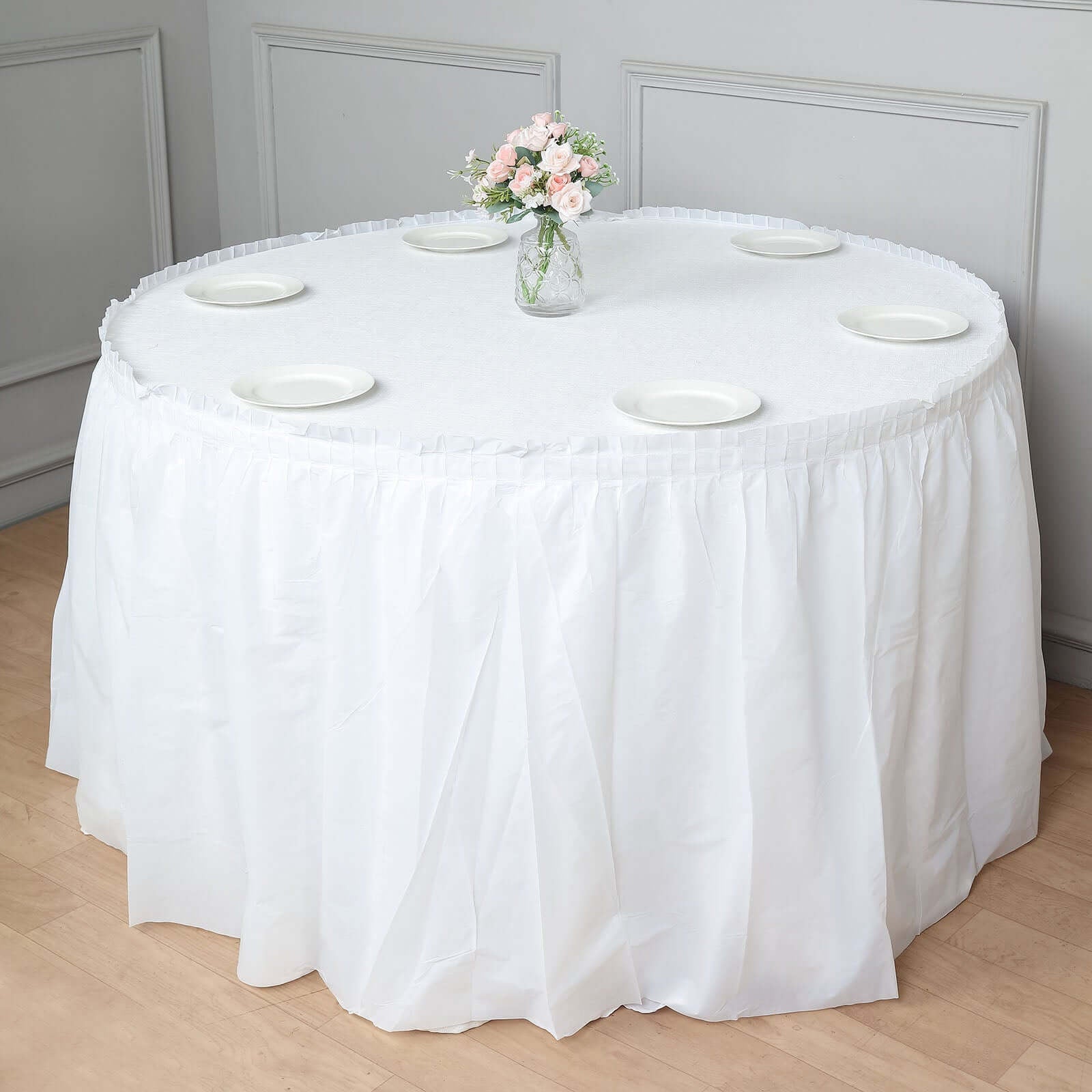5 Pack Plastic Table Skirts White Ruffled - Durable Disposable Skirts for Events 14ft