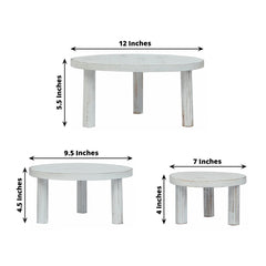 Set of 3 Wooden Pedestal Cake Stands Whitewash with Removable Legs - Stackable Round Rustic Plant Risers 7", 9.5", 12"