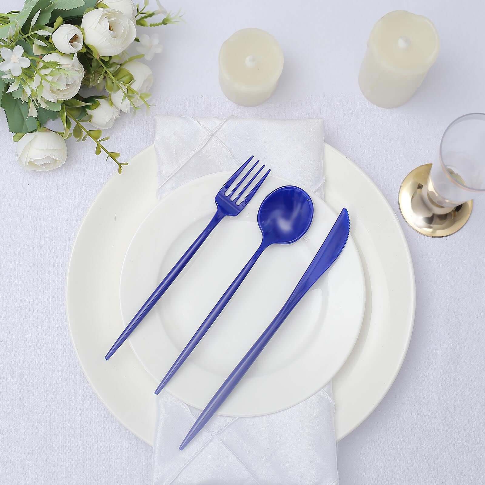 50-Pack Plastic Utensil Set Royal Blue - Premium Disposable Heavy Duty Sleek Flatware