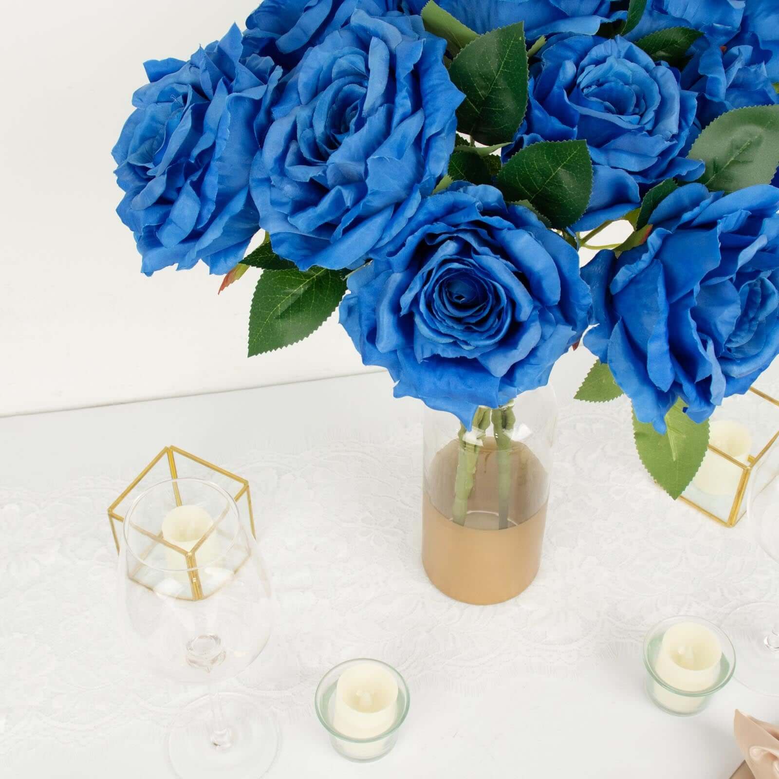 2 Bushes 17" Royal Blue Premium Silk Jumbo Rose Flower Bouquet, High Quality Artificial Wedding Floral Arrangements