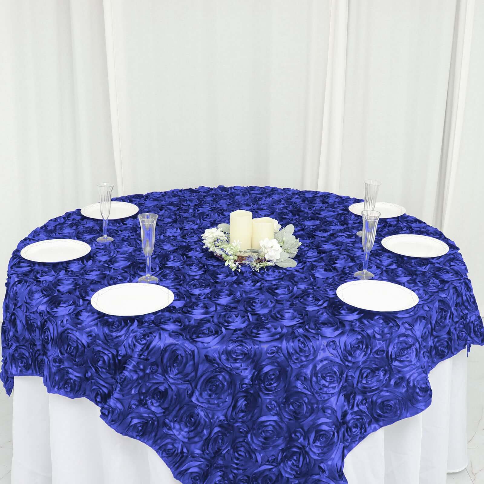 Satin 72"x72" Table Overlay Square Tablecloth Royal Blue - 3D Rosette Table Cover