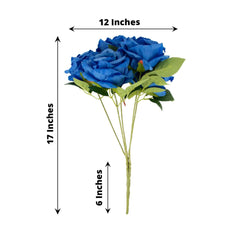 2 Bushes 17" Royal Blue Premium Silk Jumbo Rose Flower Bouquet, High Quality Artificial Wedding Floral Arrangements