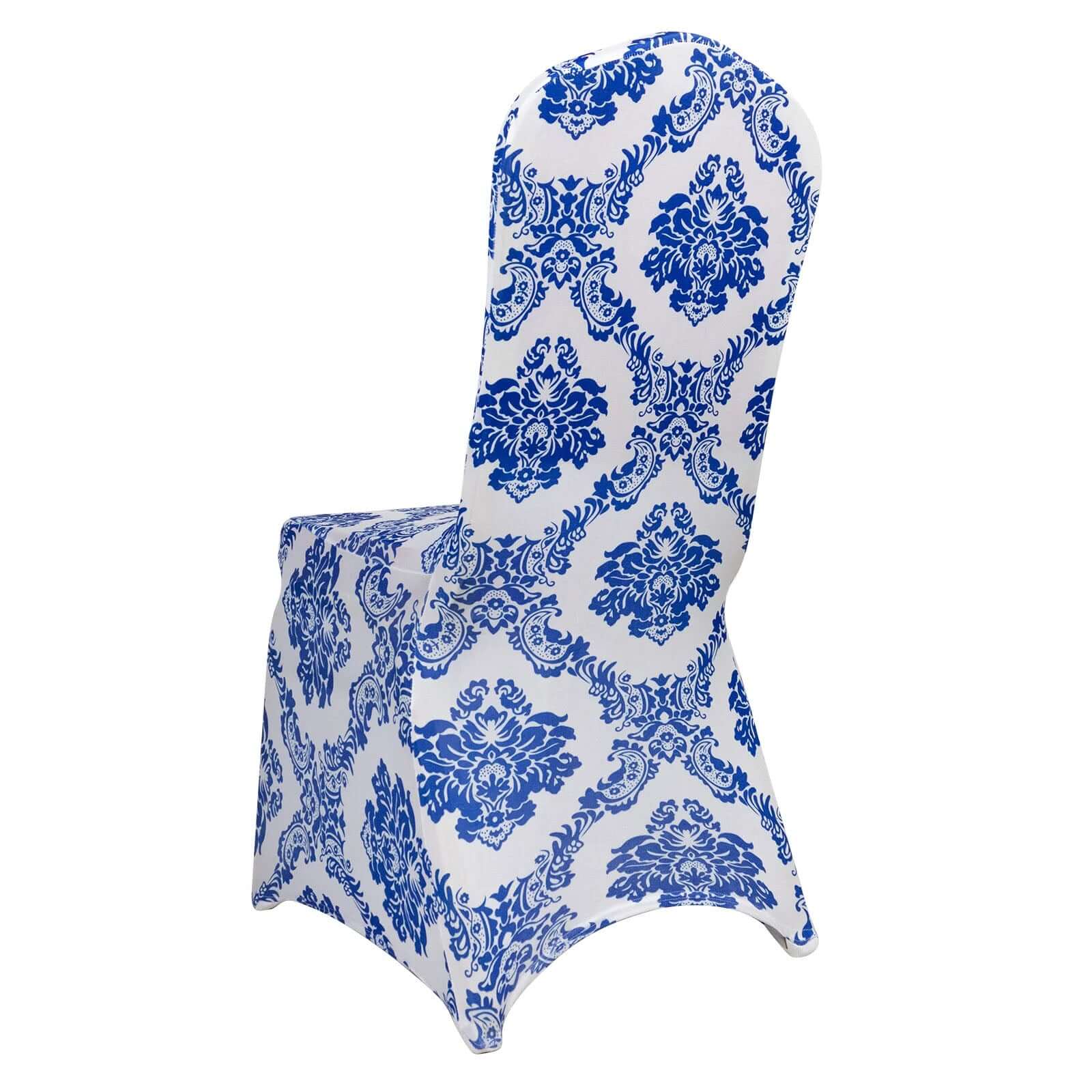 Spandex Banquet Chair Cover Fitted Cover in Royal Blue - Stretch 160gsm Fabric with Foot Pockets & Damask Pattern