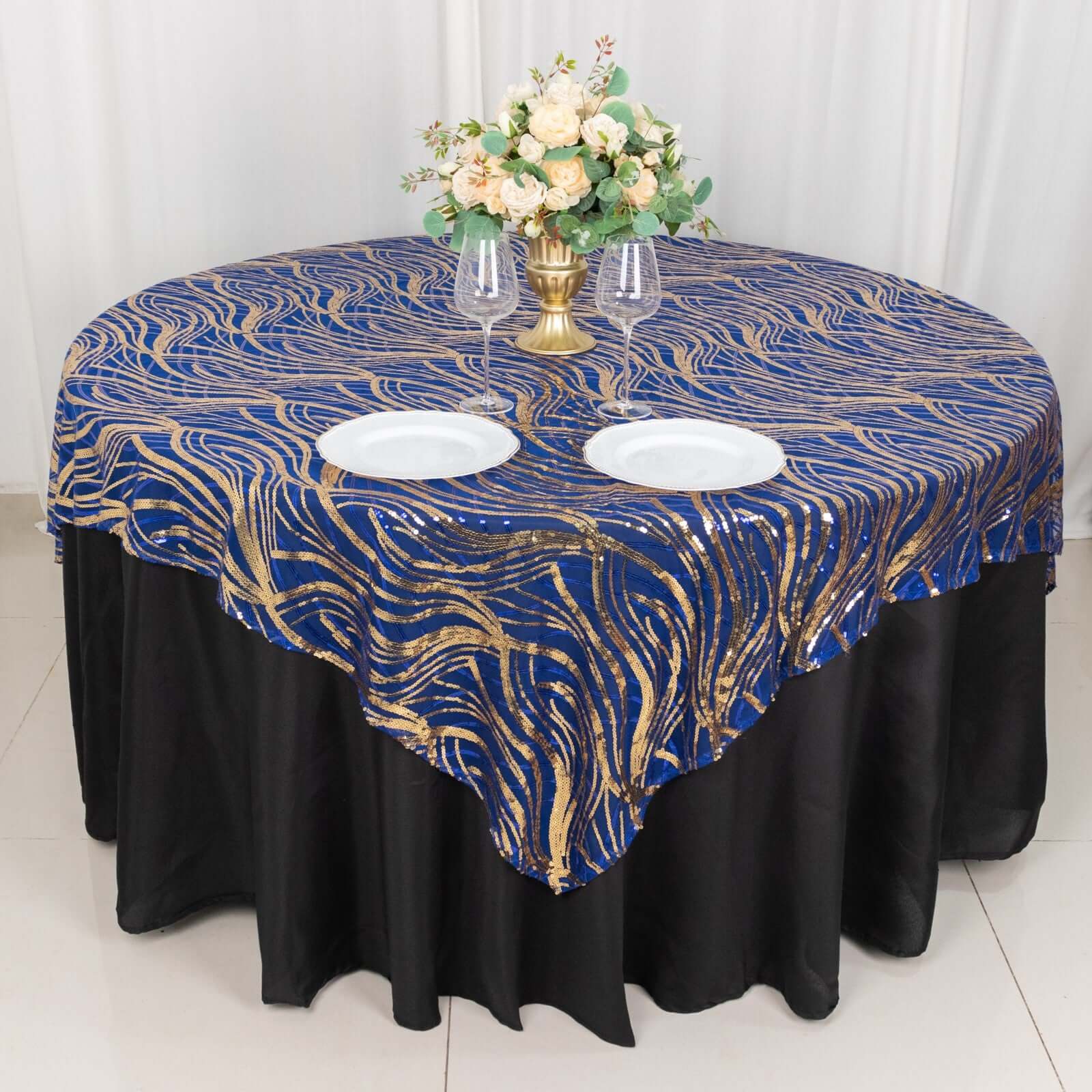 Mesh 72"x72" Table Overlay Square Tablecloth Royal Blue - Wave Embroidered Sequins Table Topper