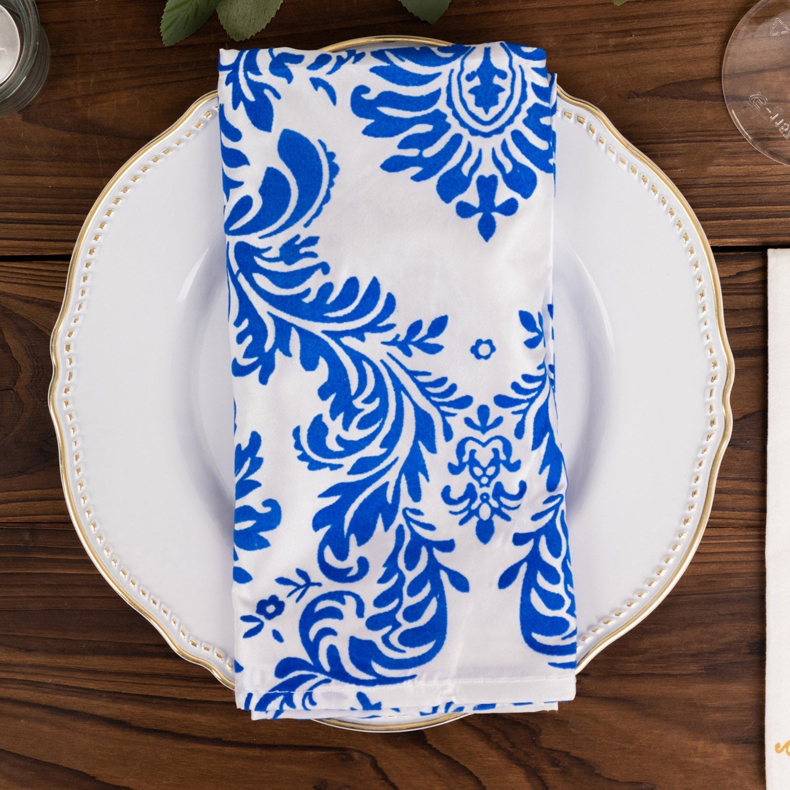 5 Pack Taffeta 20"x20" Napkins Royal Blue/White Damask Flocking Design - Decorative Dinner Napkins