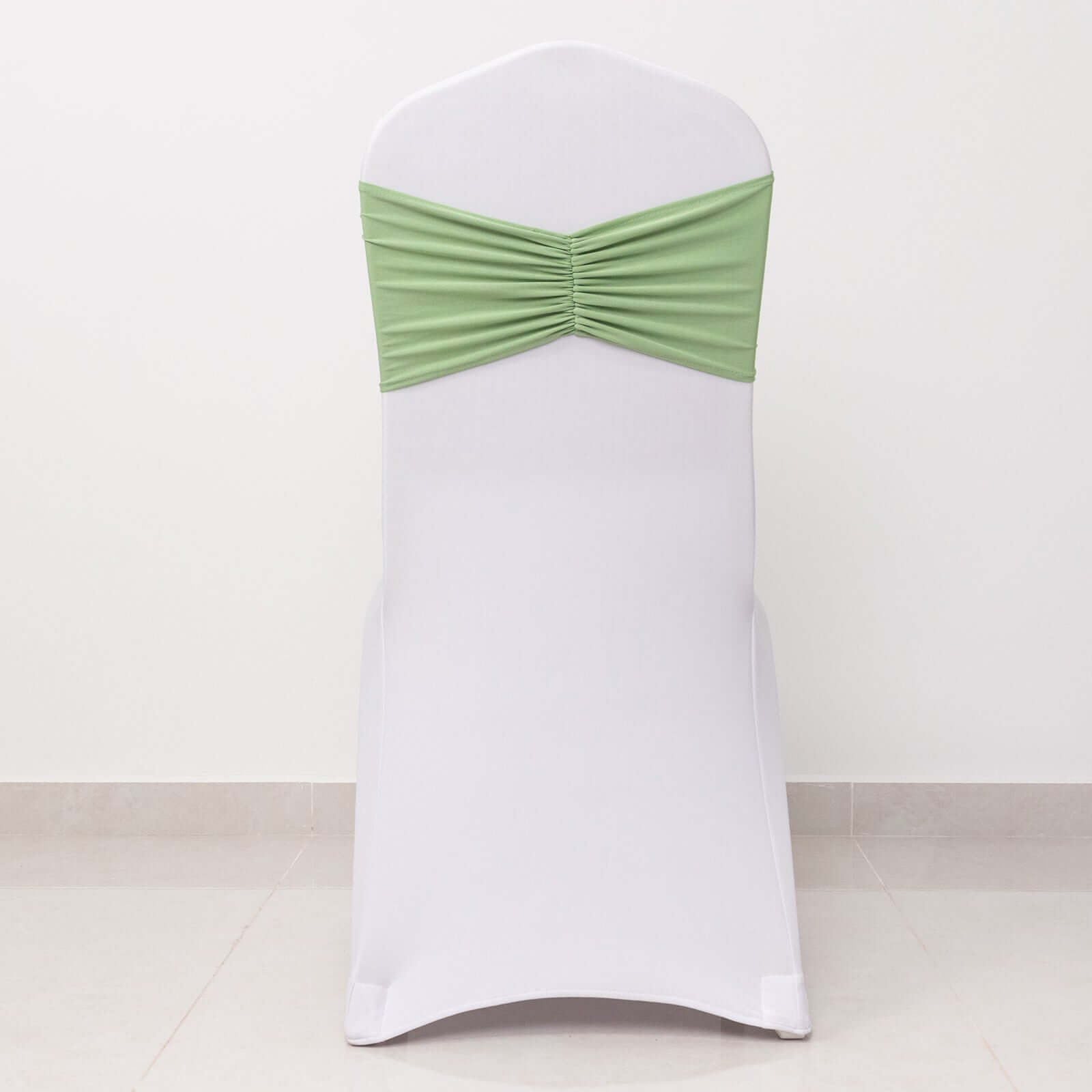 5 Pack Spandex Chair Sashes Sage Green Ruffled Style - Wide Easy to Use Stretch Chair Bands 8"x13"