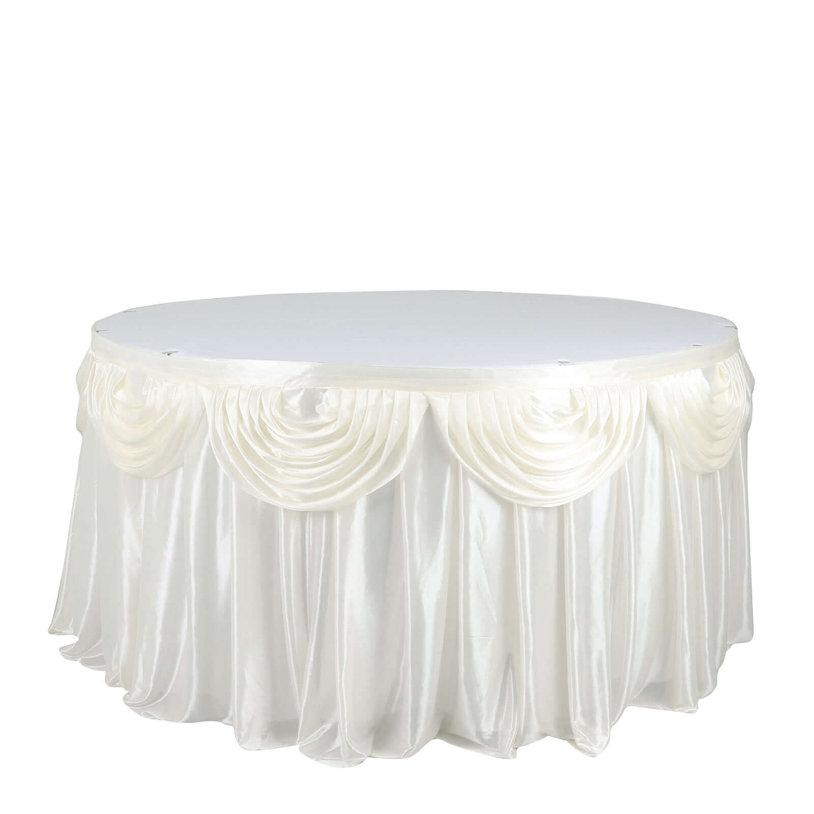 Satin 14ft Table Skirt Ivory - Pleated Double Drape Table Cover