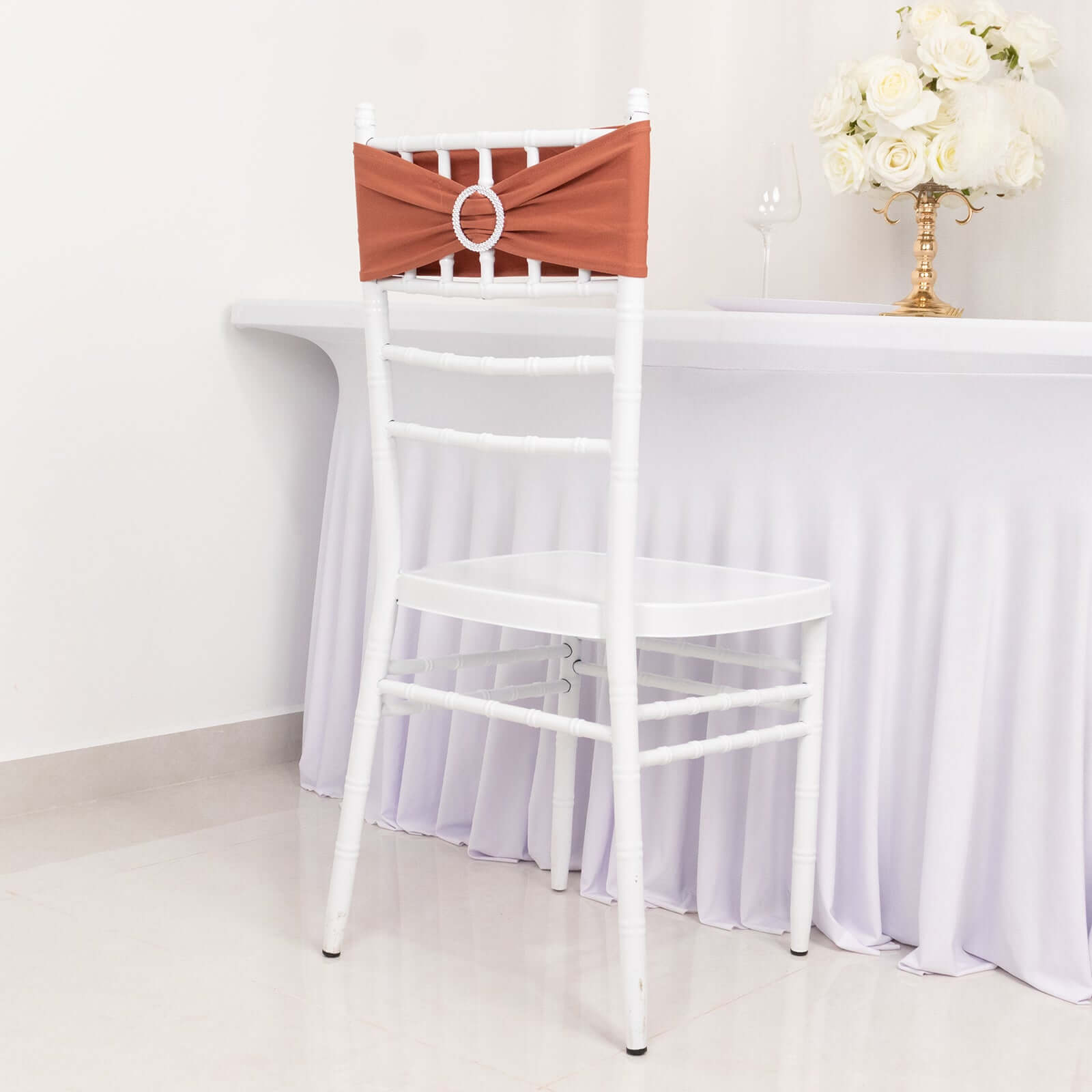 5 Pack Stretch Spandex Chair Sashes Terracotta (Rust) - Reusable Chair Bands with Silver Diamond Ring Slide Buckle 5"x14"