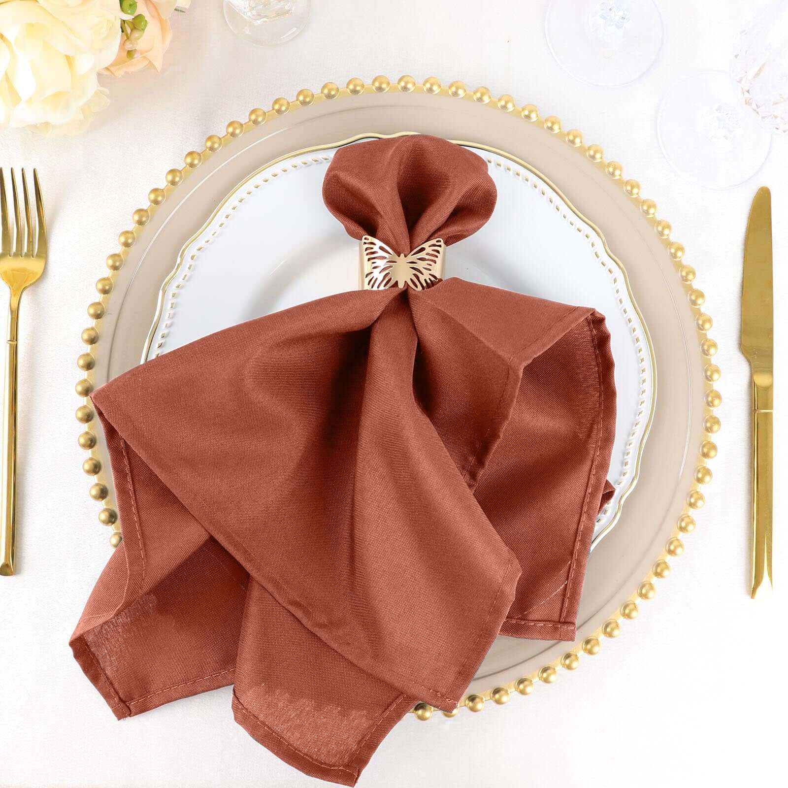 5 Pack Polyester 20"x20" Napkins Terracotta (Rust) - Wrinkle Resistant & Easy Care Cloth Napkins