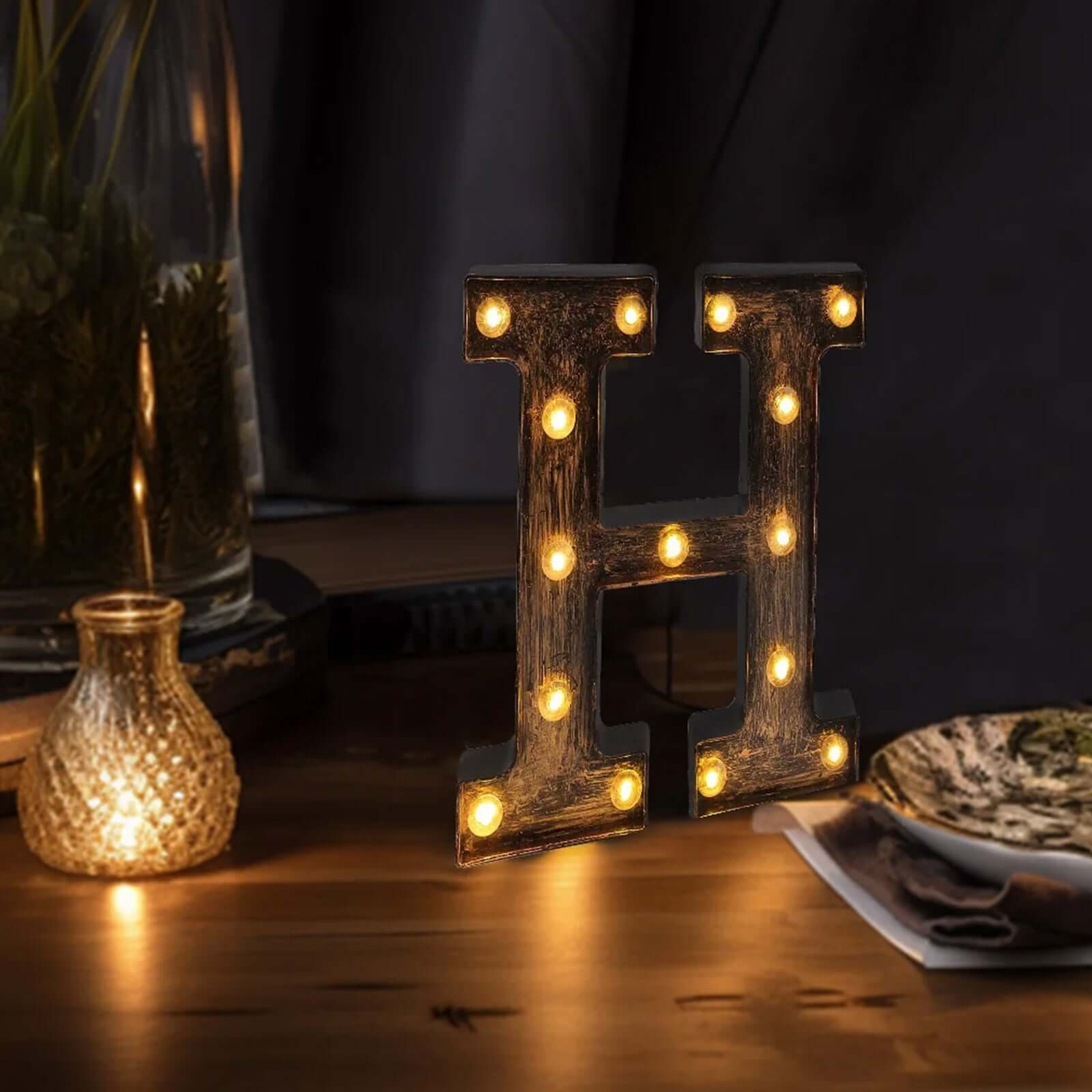 LED Marquee Letter "H" Industrial Style Antique Black - Light-Up Alphabet Sign for Weddings & Displays 9"