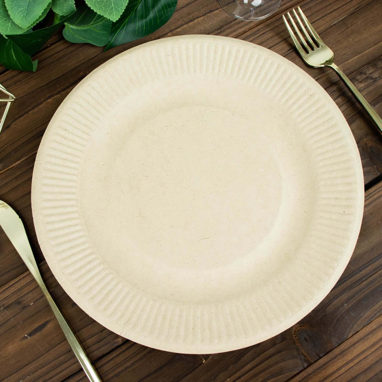 50-Pack Bagasse 10" Round Dinner Plates in Natural with Ribbed Rim - Eco Friendly Biodegradable Sugarcane Party Plates for Events