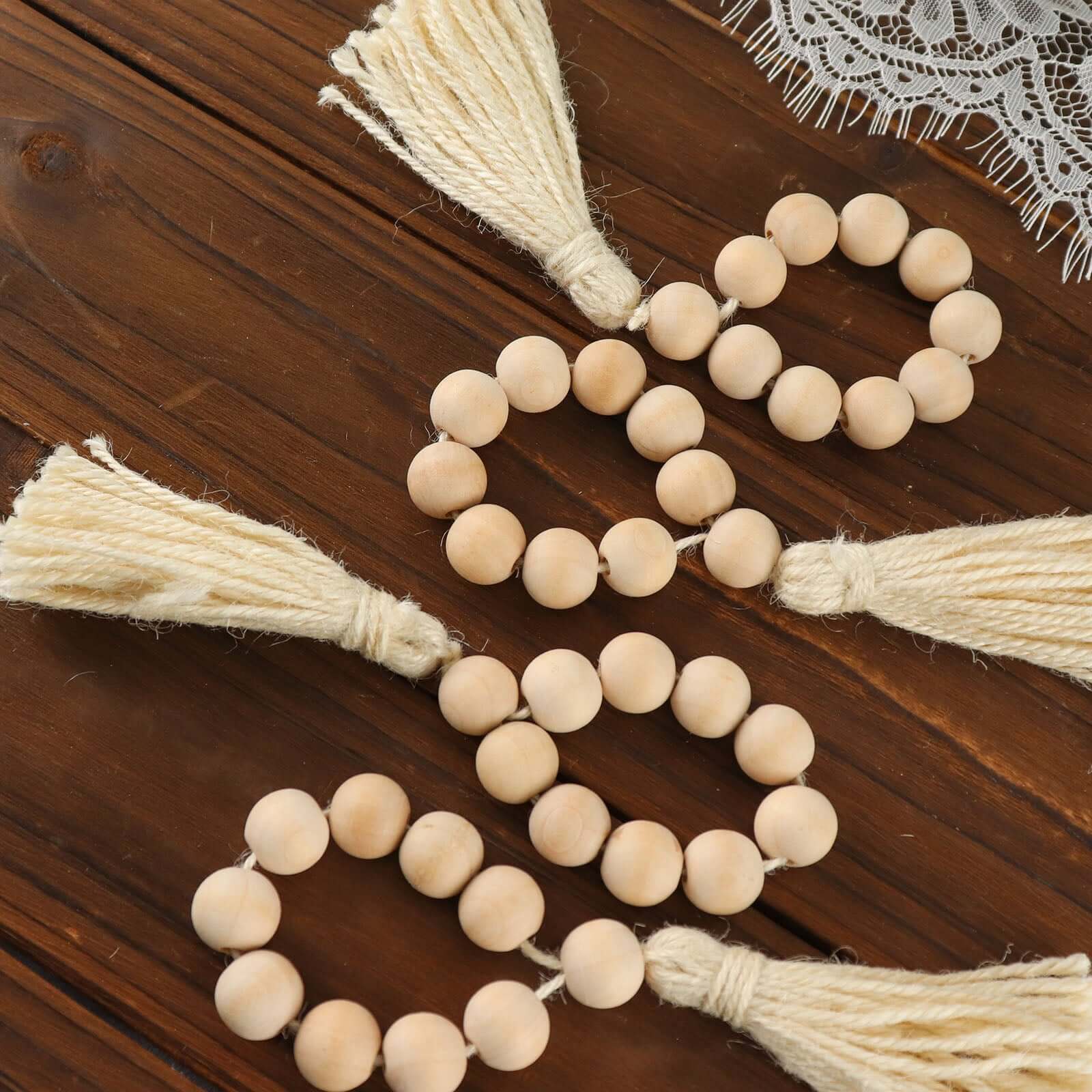 4 Pack 6" Cream Rustic Boho Chic Wood Bead Napkin Rings With Tassels, Farmhouse Country Napkin Holders
