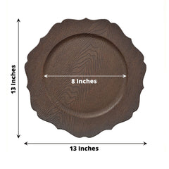 6-Pack Acrylic Round Charger Plates 13" in Rustic Brown with Wood Grain Scalloped Rim, Decorative Dinner Party Charger Tableware
