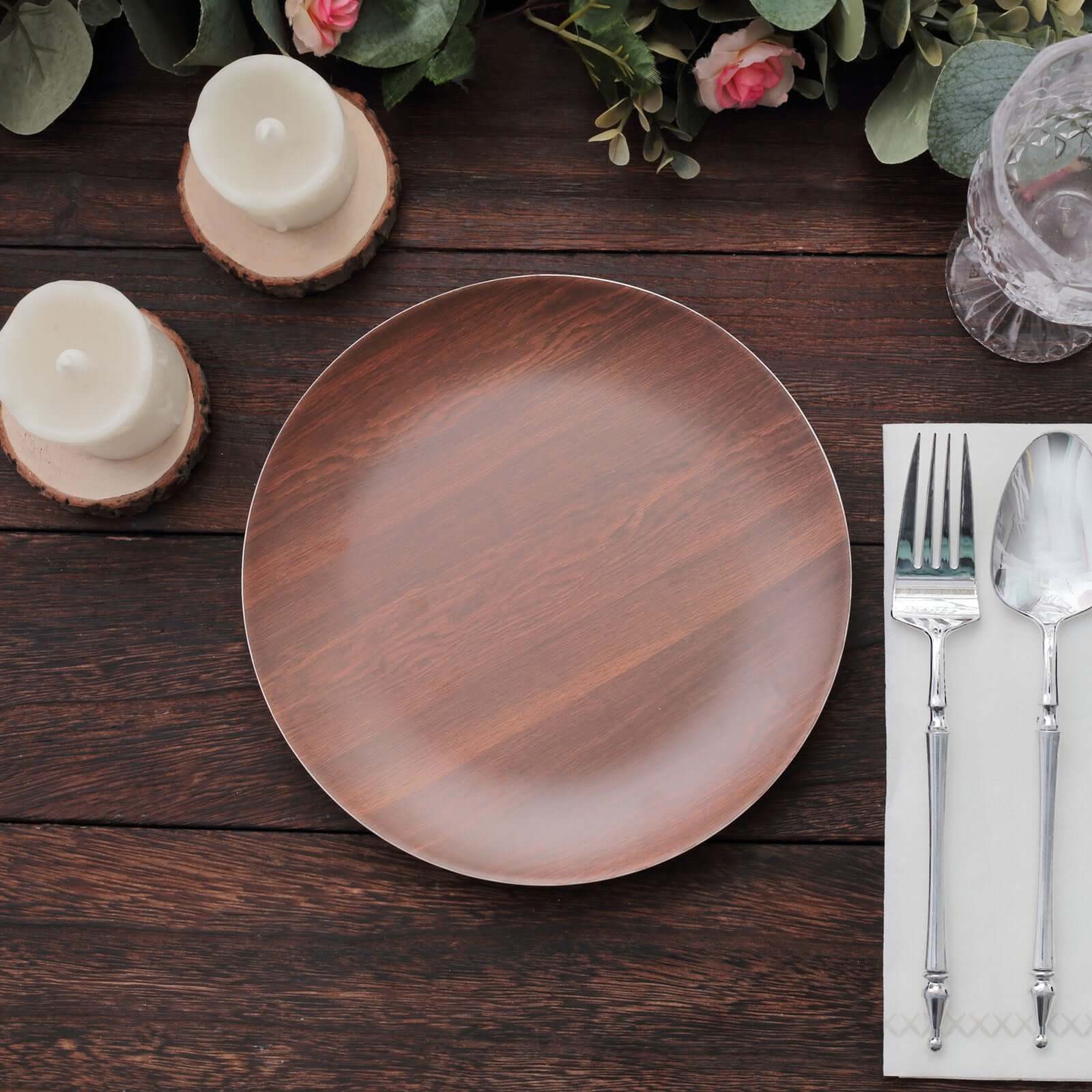 Pack of 6 Melamine 8" Round Dessert Plates in Brown Wood Grain Print - Disposable Shatterproof Appetizer Salad Plates for Rustic Farmhouse-Inspired Table Decor
