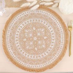 4-Pack Placemats Fringe Print Design Natural Jute and White Round - Rustic Burlap Woven Style 15"