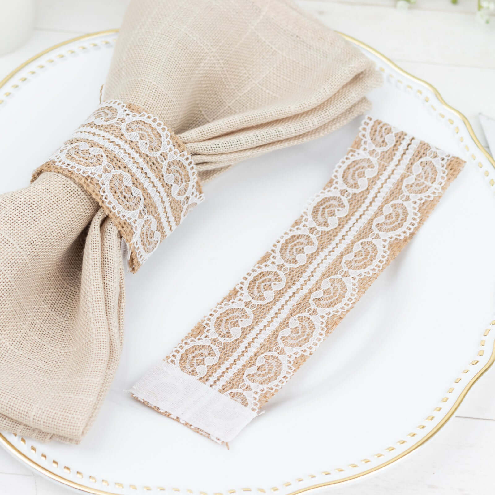 6 Pack Rustic Boho Chic Burlap and Lace Napkin Rings, Farmhouse Style Jute Serviette Buckles Holder