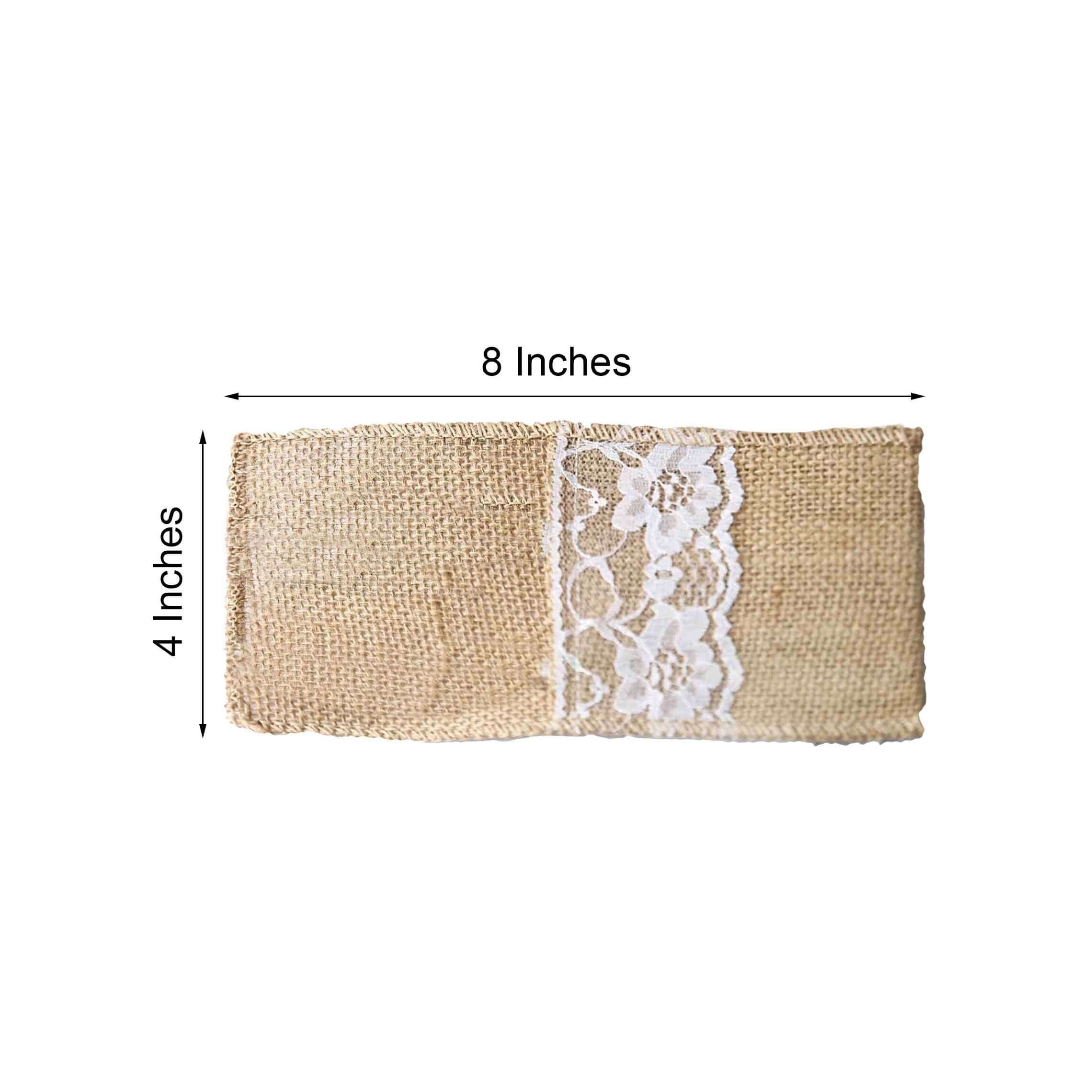10 Pack 4"x8" Natural Burlap Lace Single Set Silverware Holder Pouch