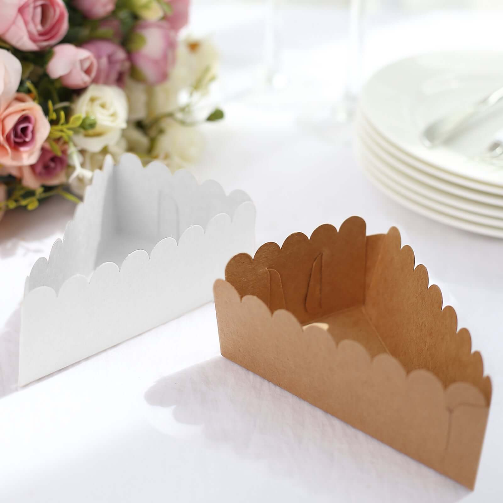 10-Pack Cardstock Triangle Cake Slice Boxes Natural with Scalloped Top - Decorative Takeaway Dessert Containers for Pie Snacks & Party Favors 5"x3"