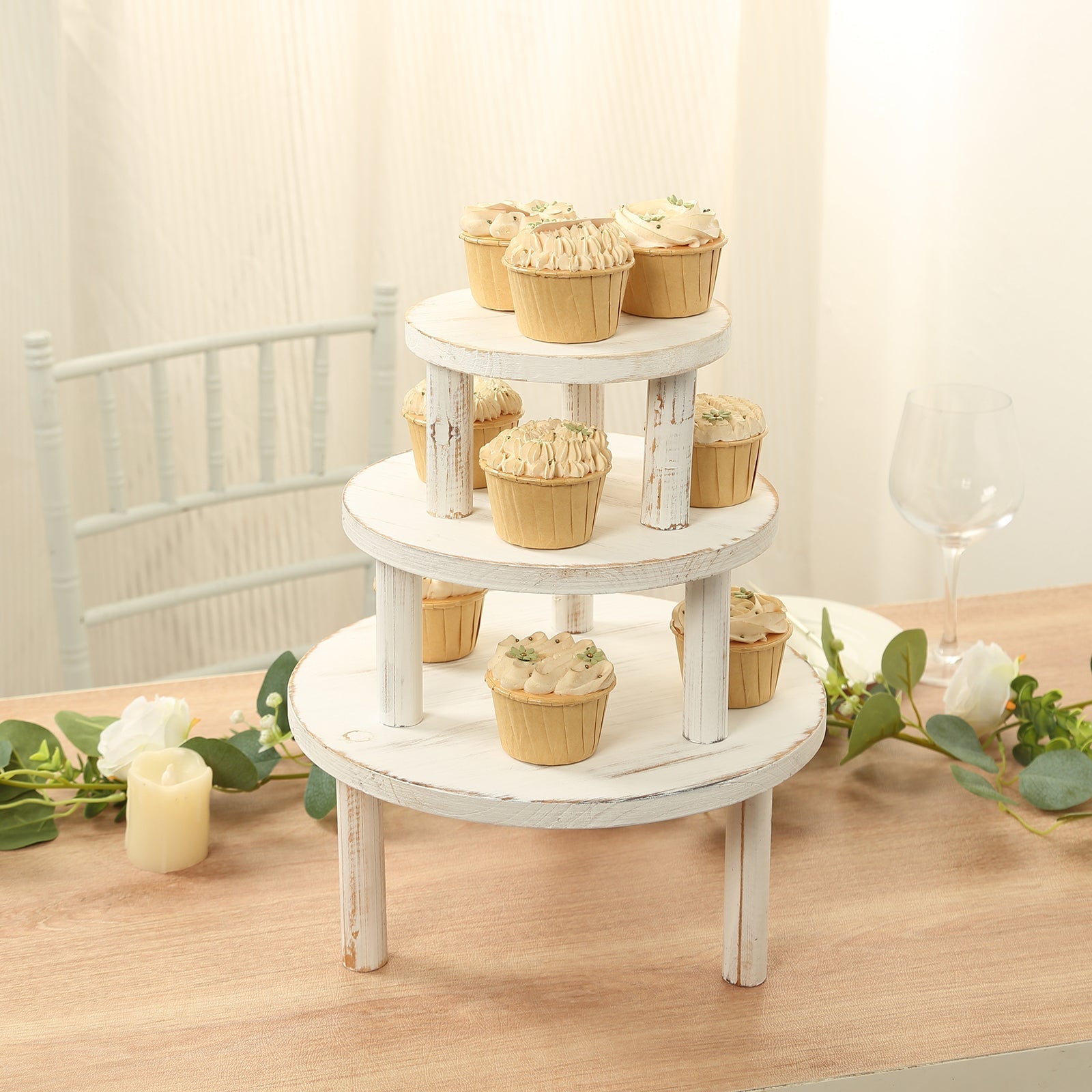 Set of 3 Wooden Pedestal Cake Stands Whitewash with Removable Legs - Stackable Round Rustic Plant Risers 7", 9.5", 12"