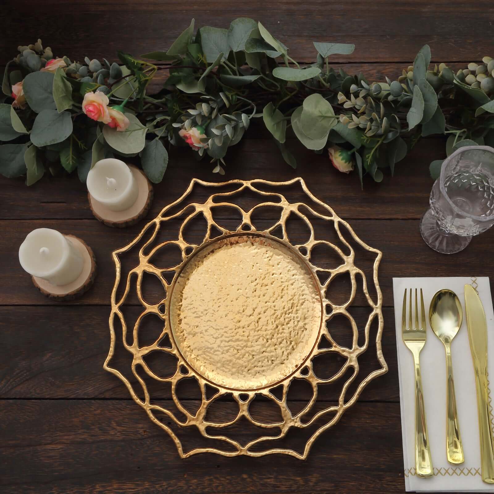 6-Pack Acrylic Round Charger Plates 13" in Gold with Floral Cutout Design, Hollow Flower Plastic Decorative Dinner Party Charger Tableware