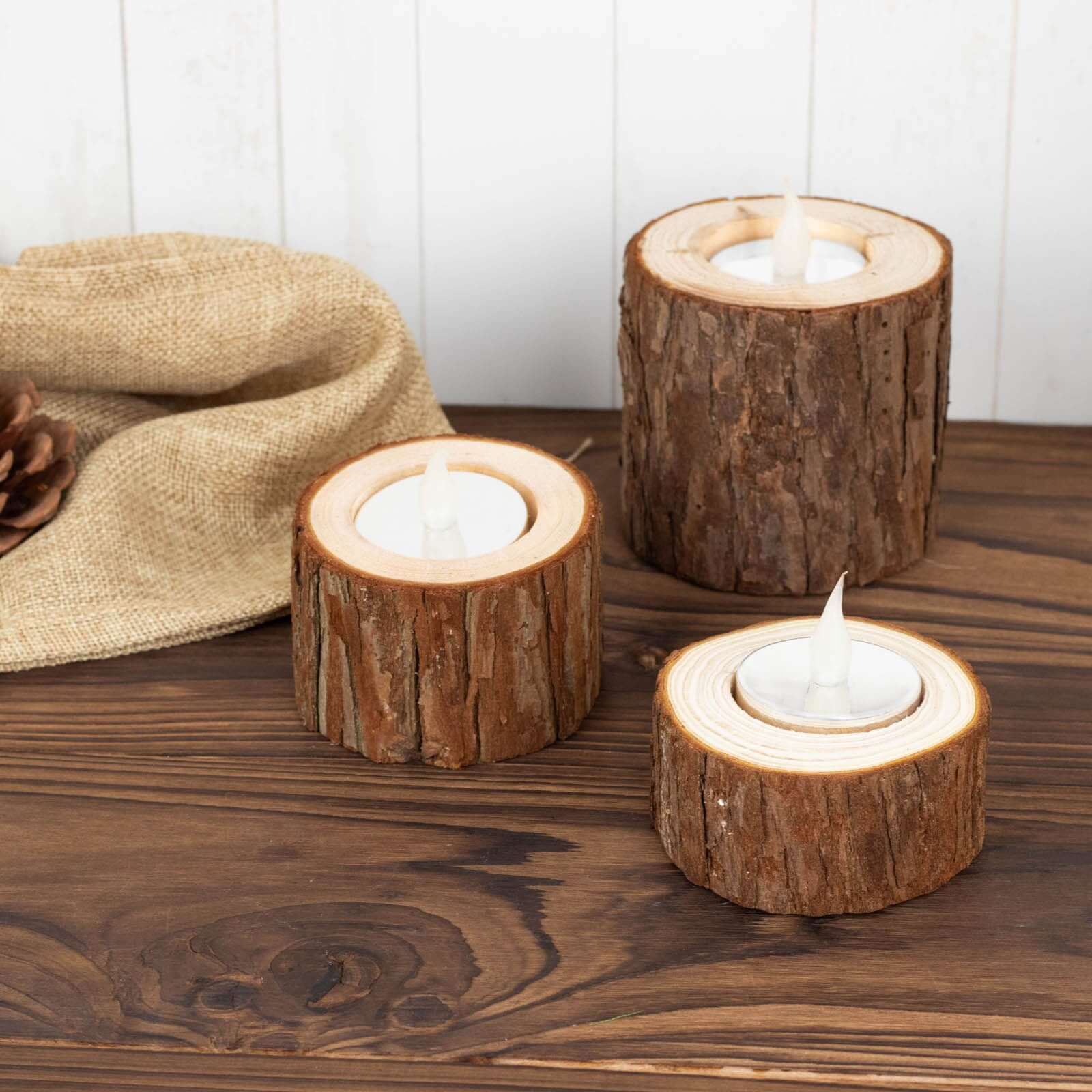Set of 3 Rustic Wood Slice Votive Candle Holders - Tree Branch Wedding Table Décor 2.75", 1.5", 1.25"