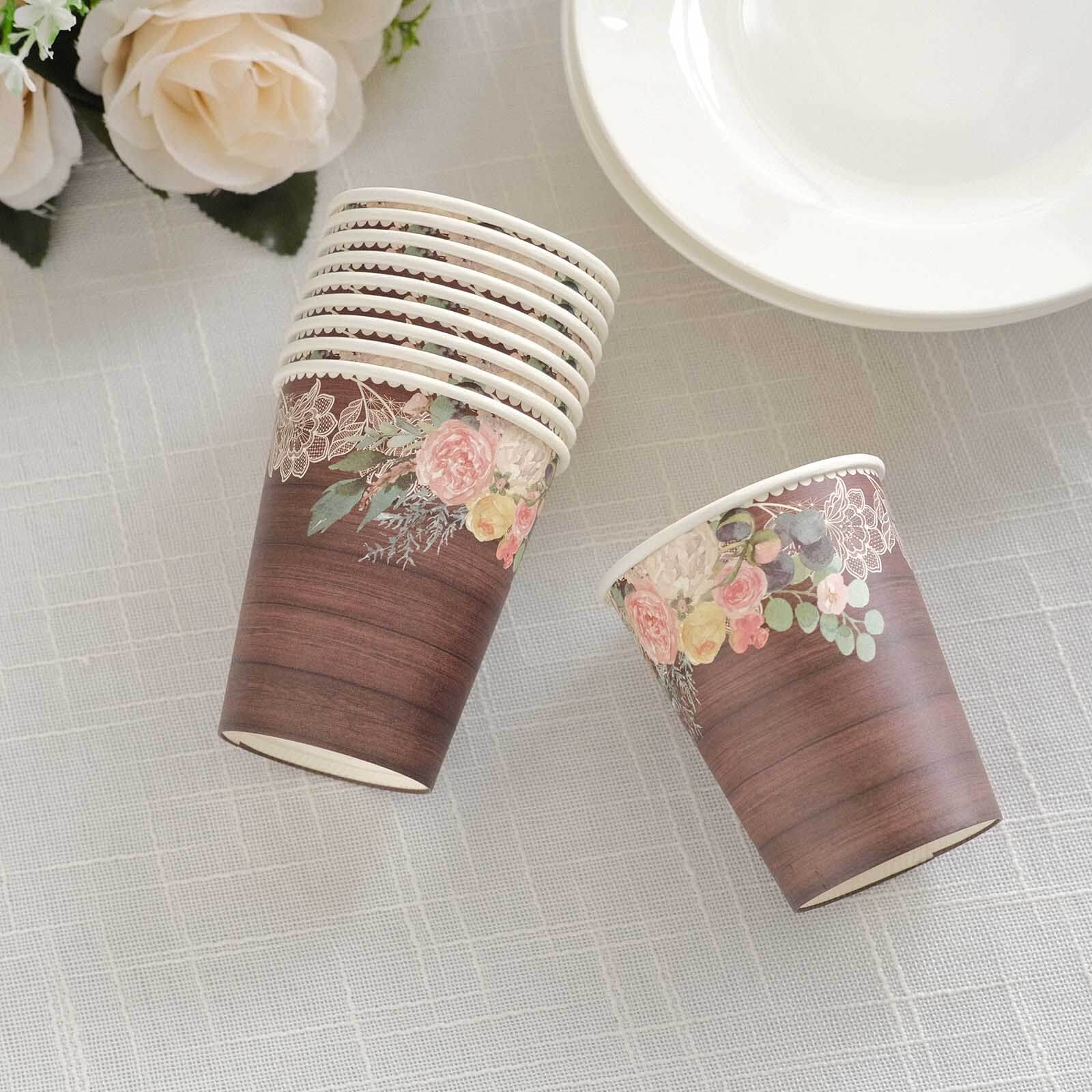24-Pack Paper Cups 9oz Brown Wood Print with Floral Lace Rim - Chic Disposable Party Cups for Rustic Decor & Themed Parties
