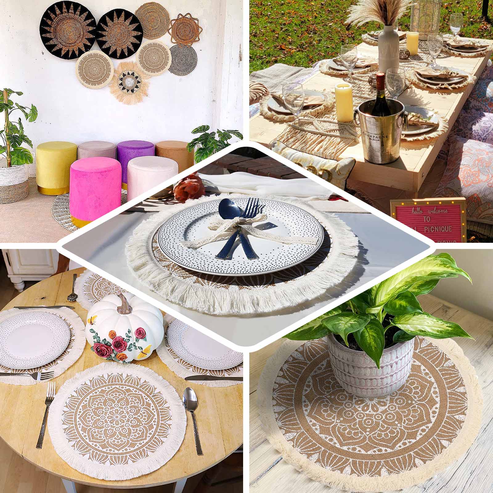 4-Pack Placemats Mandala Print Fringe Design Natural Jute and White Round - Rustic Burlap Tassel Style 15"