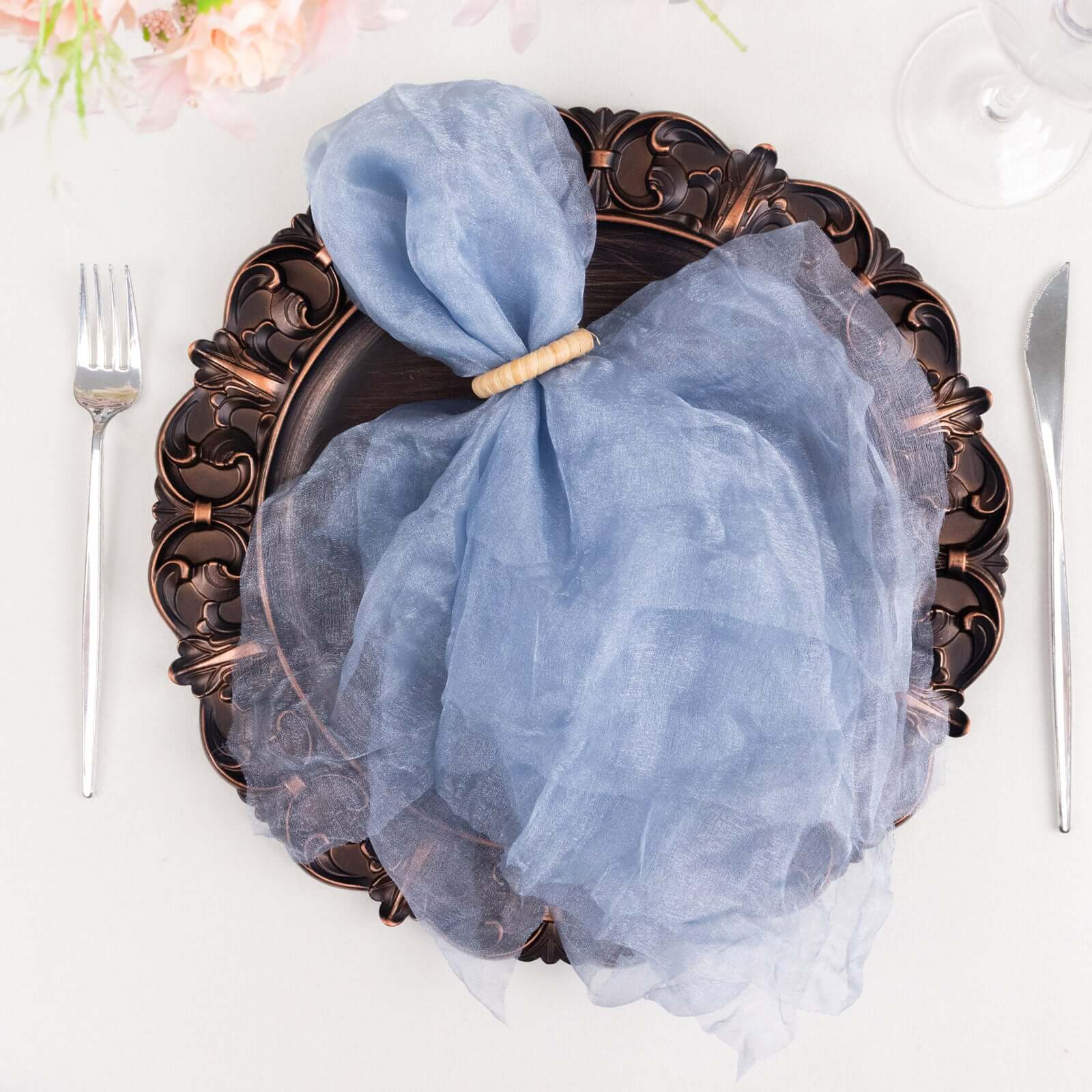 5 Pack Crinkled Organza 21"x21" Napkins Dusty Blue - Rustic Style Dinner & Party Napkins