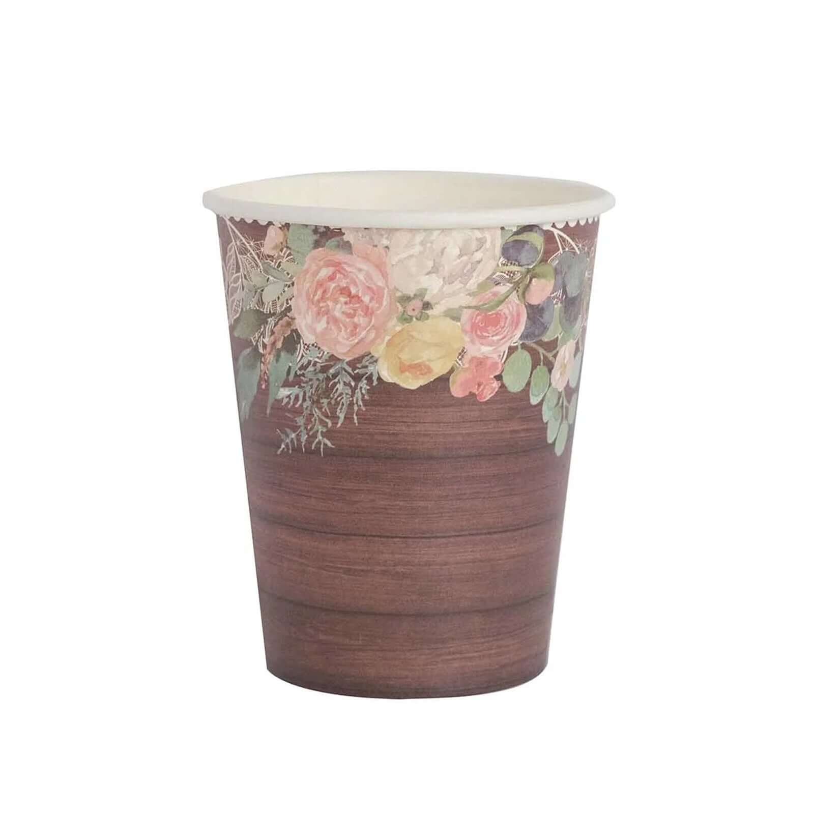 24-Pack Paper Cups 9oz Brown Wood Print with Floral Lace Rim - Chic Disposable Party Cups for Rustic Decor & Themed Parties